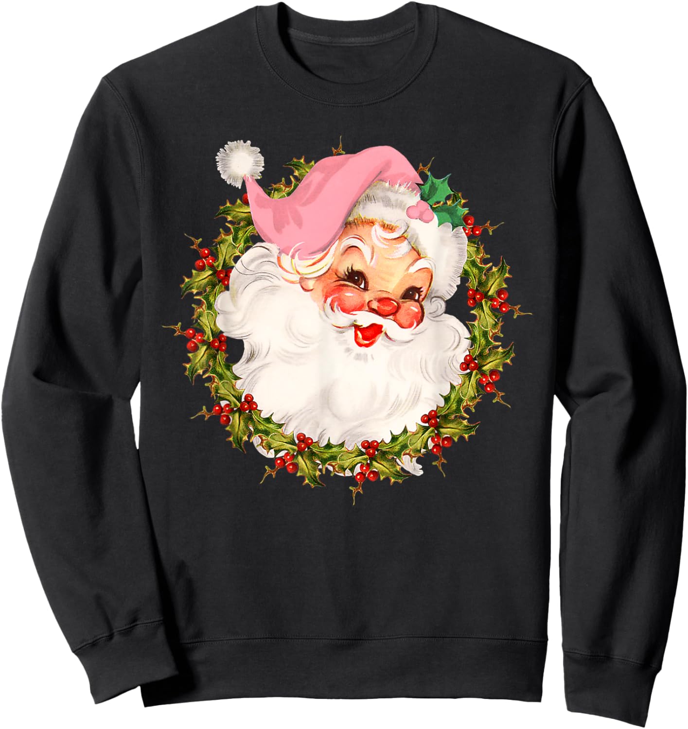 Vintage Pink Santa Claus Merry Christmas Pajamas Xmas Women Sweatshirt - Sweatshirt | Black