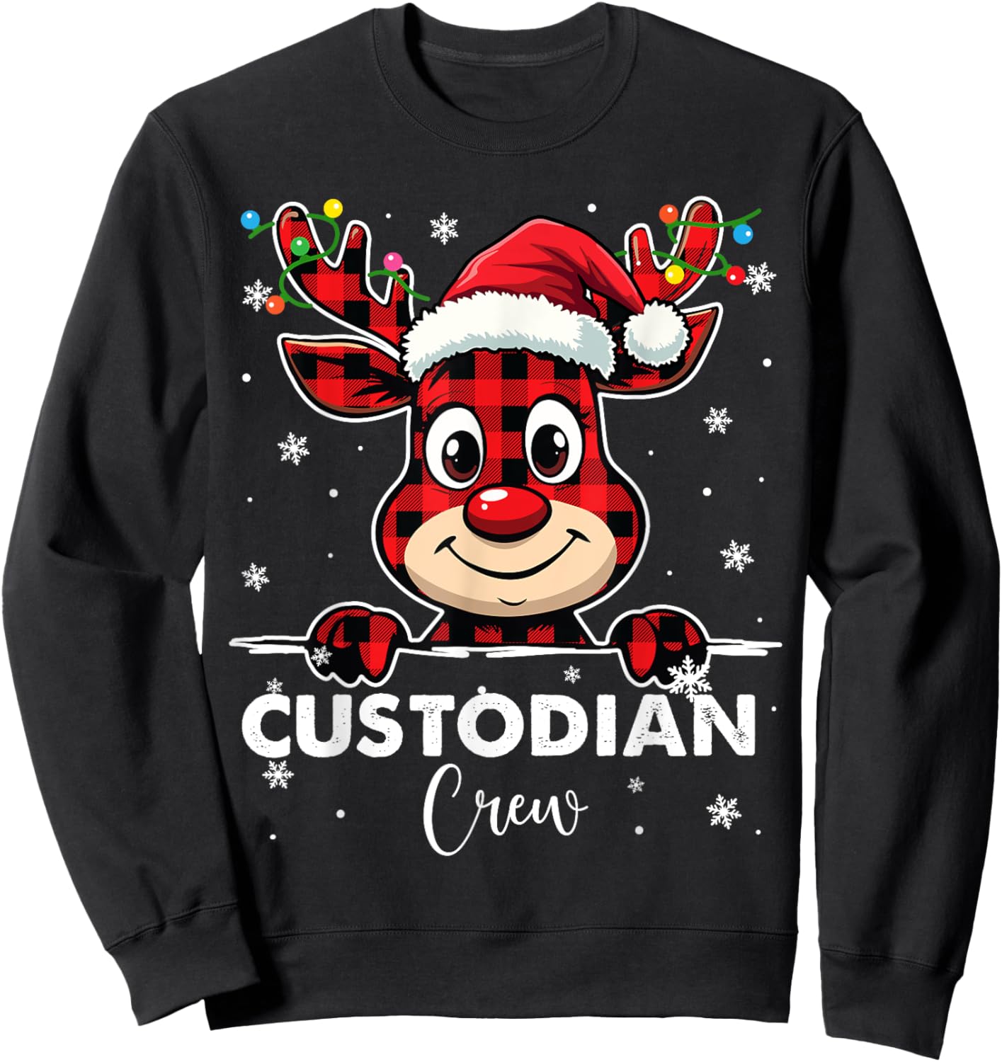 Funny Red Plaid Reindeer Custodian Crew Christmas Merry Xmas Sweatshirt - Sweatshirt | Black