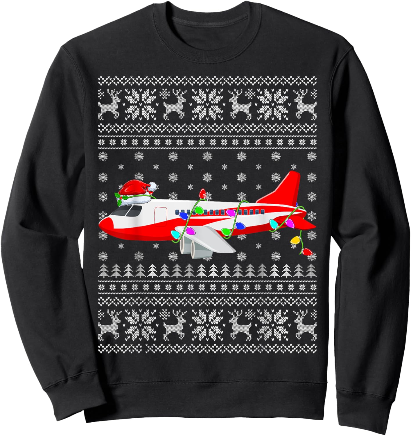 Ugly Sweater Xmas Lights Santa Hat Airplane Christmas Sweatshirt - Sweatshirt | Black