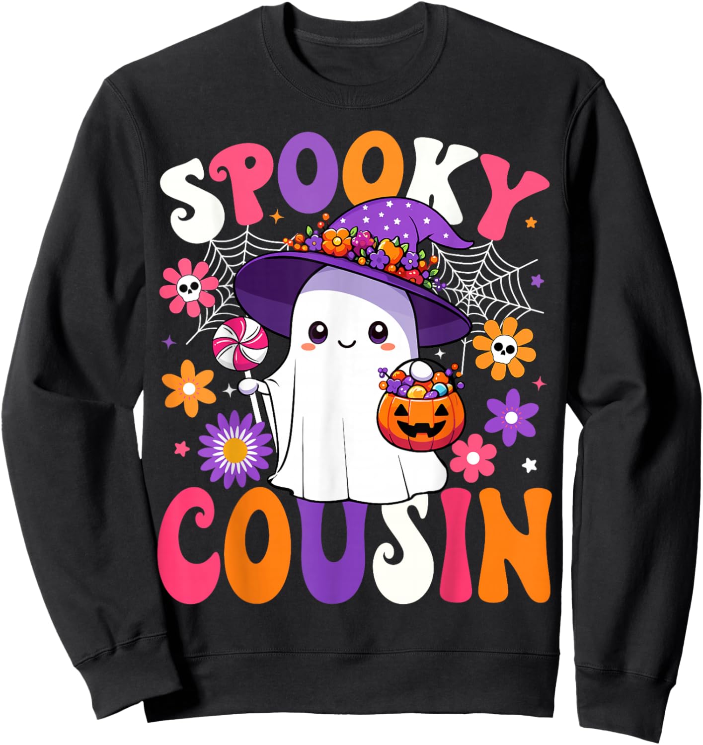 Groovy Spooky Cousin Halloween Ghost Pumpkin Halloween Sweatshirt - Sweatshirt | Black