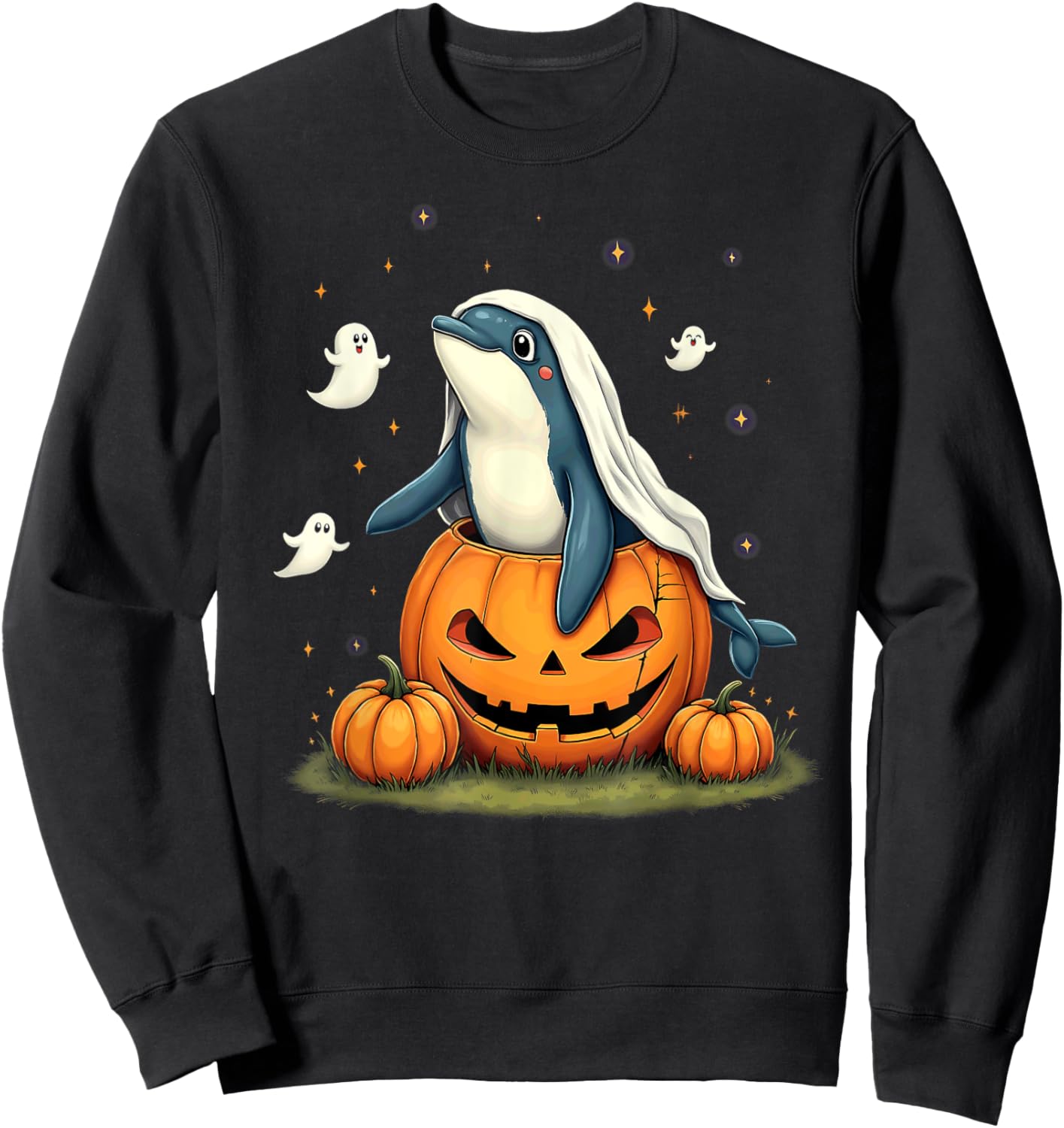 Pumpkin Boo Ghost Orca Whale Halloween Costume Sweatshirt - Sweatshirt | Black