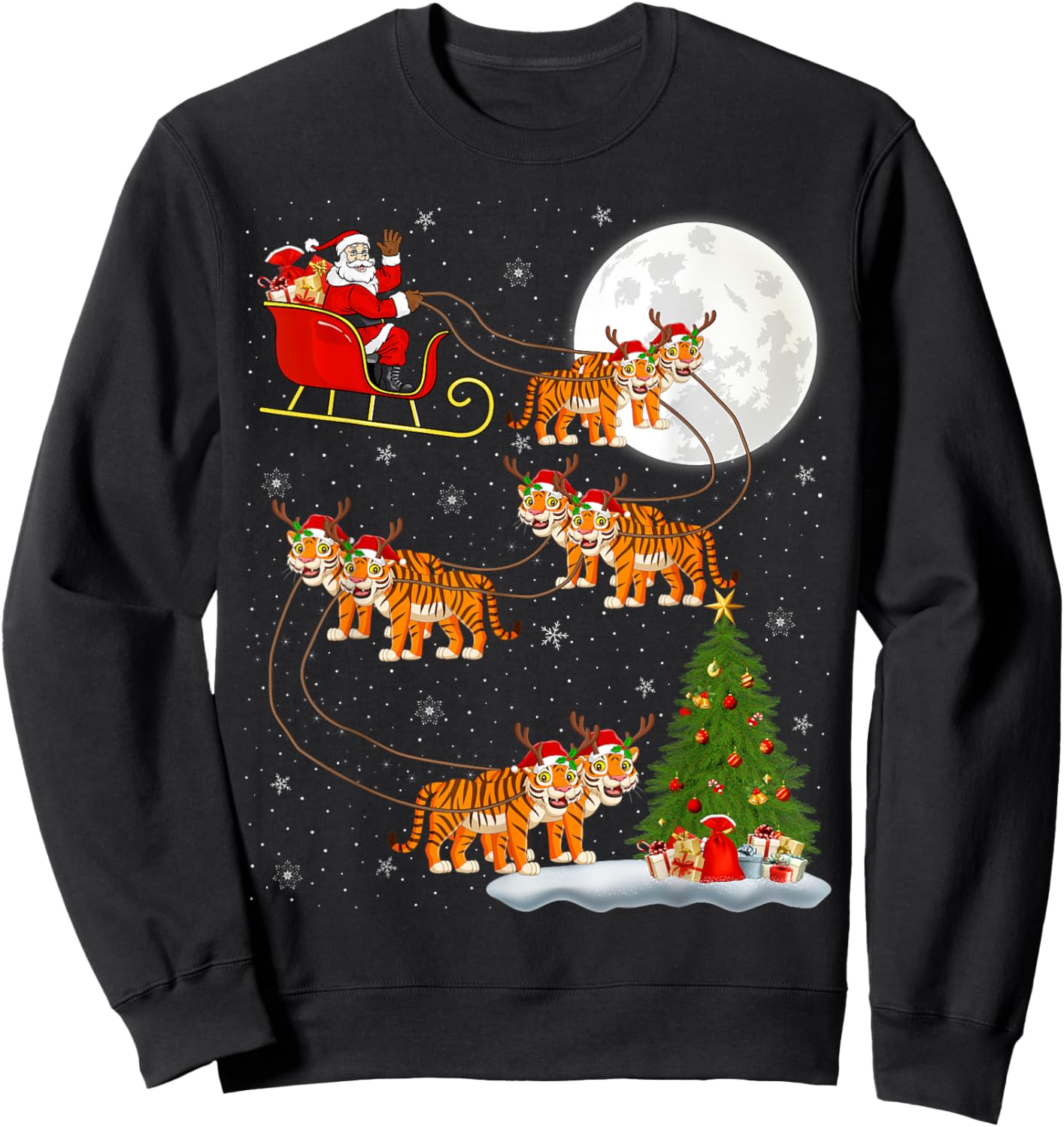 Xmas Tree Lights Funny Santa Riding Tiger Christmas Sweatshirt - Sweatshirt | Black