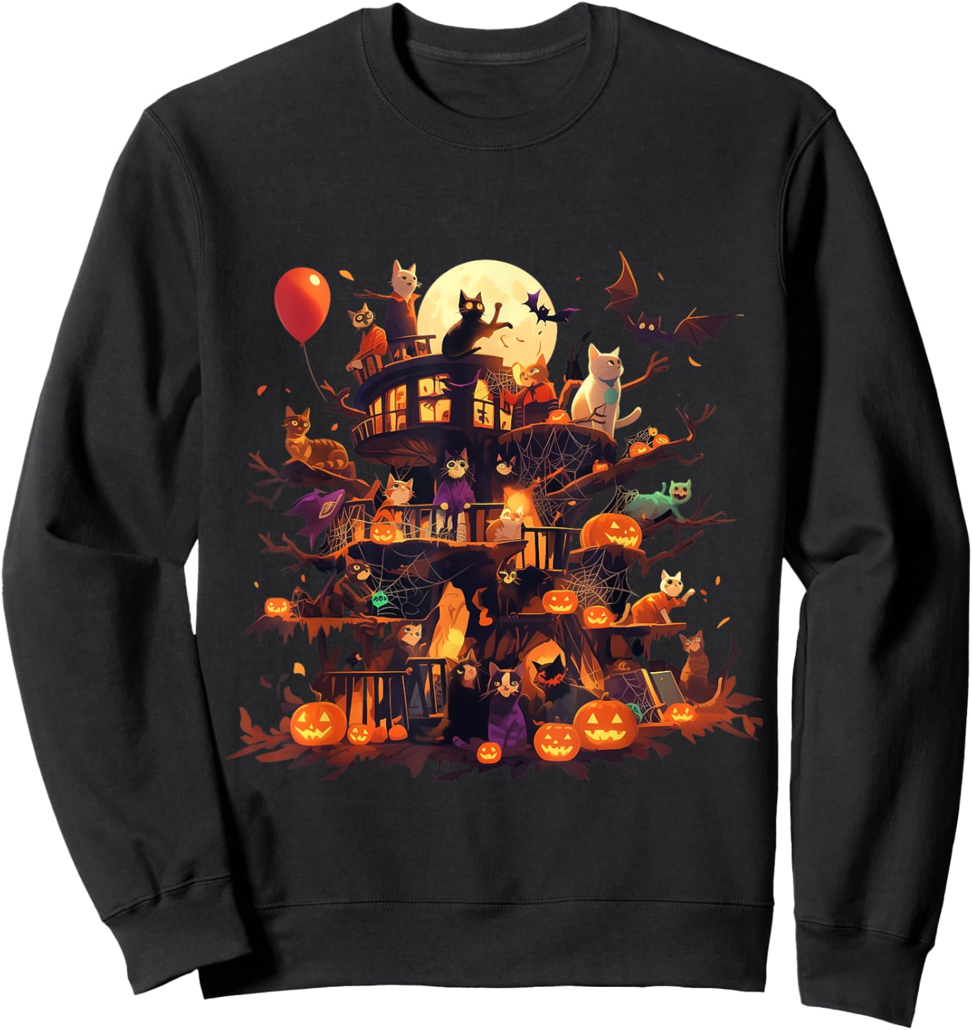 Cat Pumpkin Haunted House Horror Halloween Gifts Women Kids Sweatshirt - Sweatshirt | Black