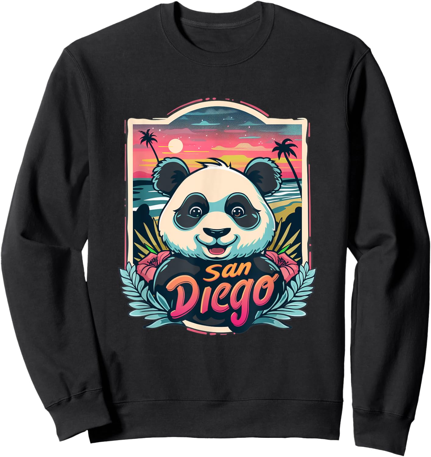 Women's San Diego Panda City Skyline Beach Cute Panda Zoo Sweatshirt - Sweatshirt | Black
