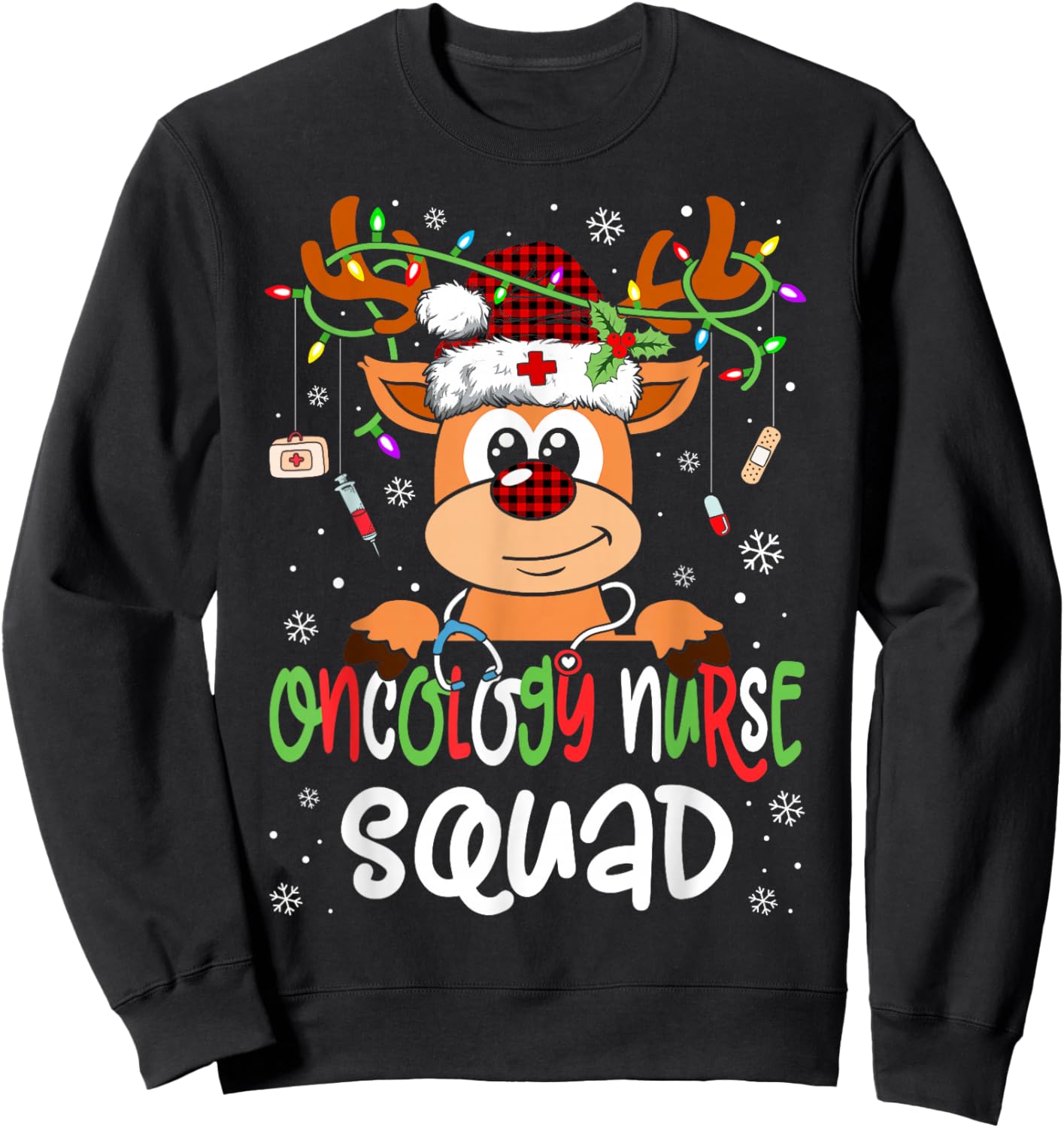 Oncology Nurse Squad Reindeer Stethoscope Nurse Christmas Sweatshirt - Sweatshirt | Black