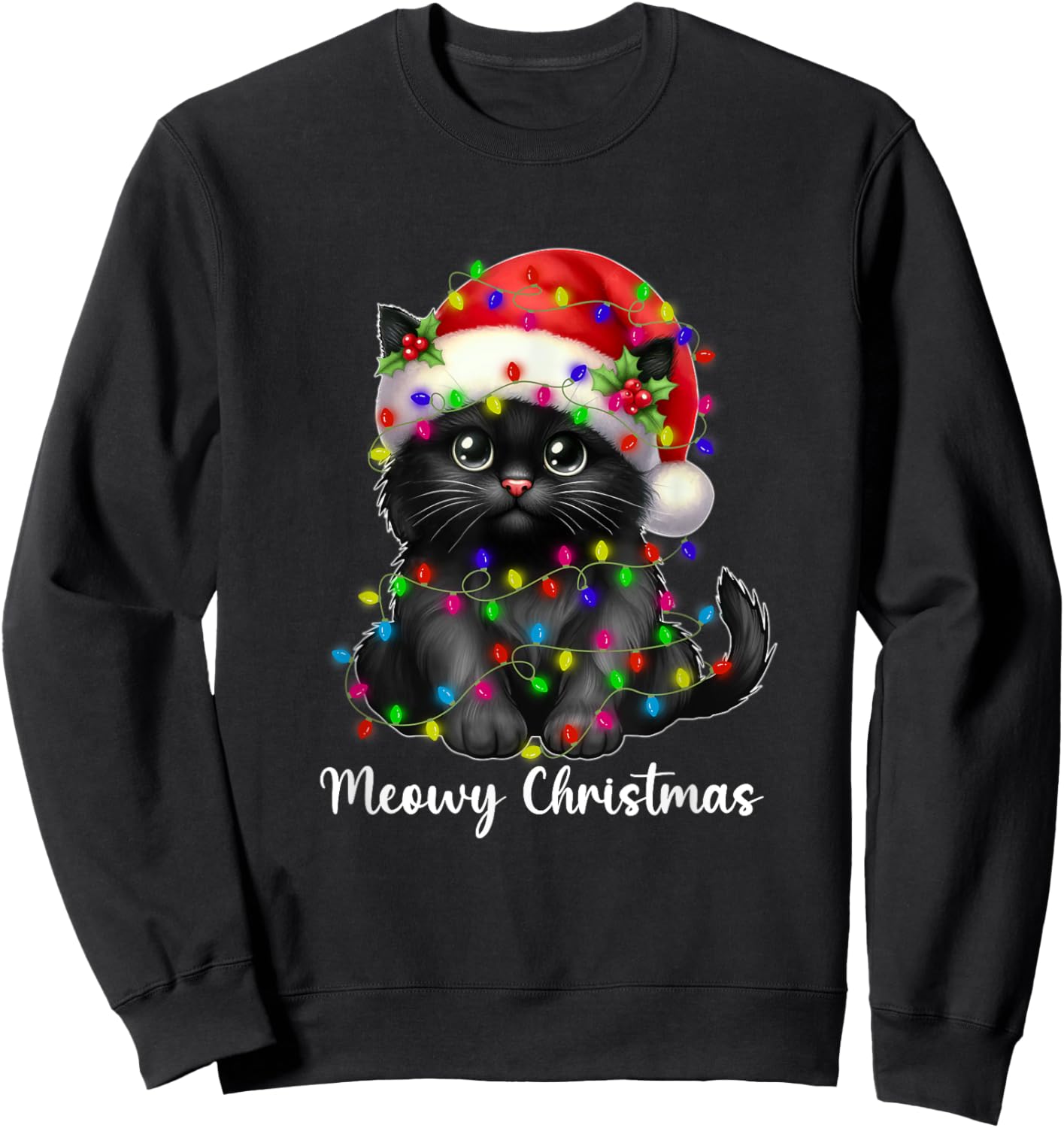 Meowy Christmas Lights Funny Family Black Cat Xmas Matching Sweatshirt - Sweatshirt | Black