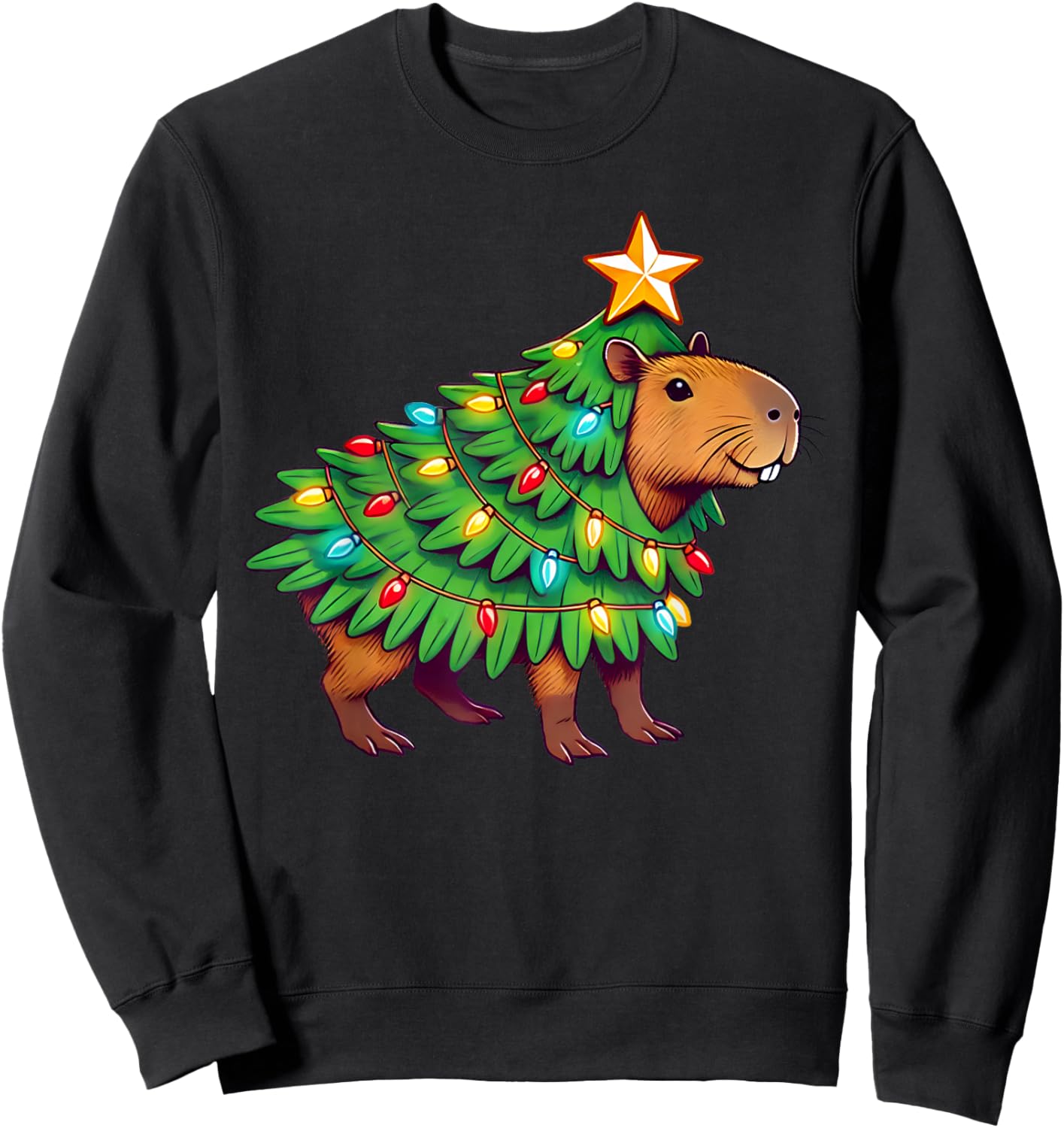 Capybara Christmas & Capypara Gifts -Adult Christmas Black Small Modern Capybara Print Round Collar Short Sleeve Sweatshirt - Sweatshirt | Black