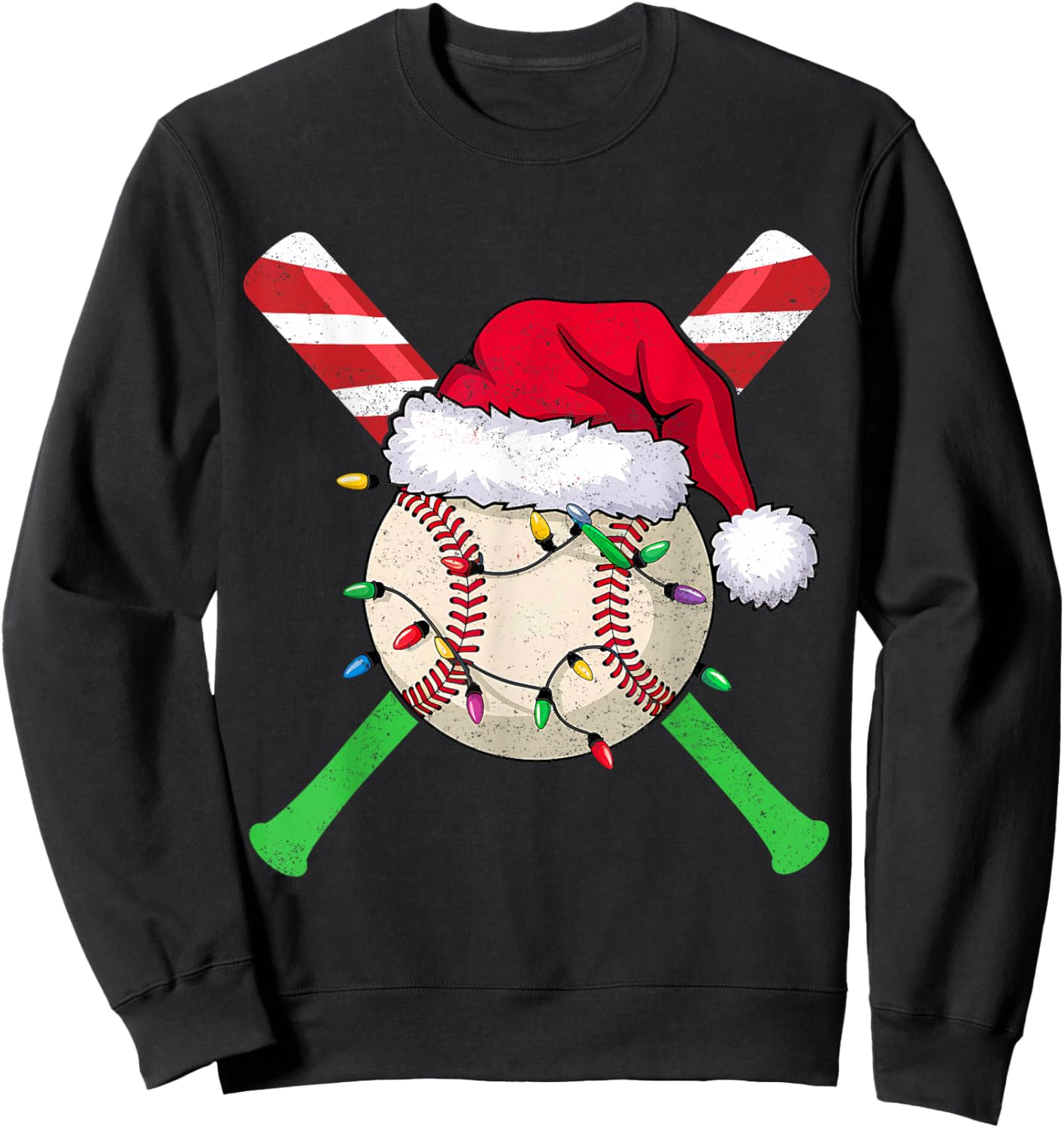 Funny Baseball Christmas Lights Candy Cane Bat Xmas Gifts Sweatshirt - Sweatshirt | Black