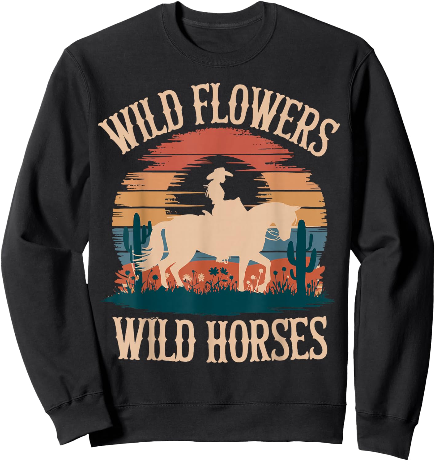 Vintage Sunset Western Country Wild Flowers - Wild Horses Sweatshirt - Sweatshirt | Black