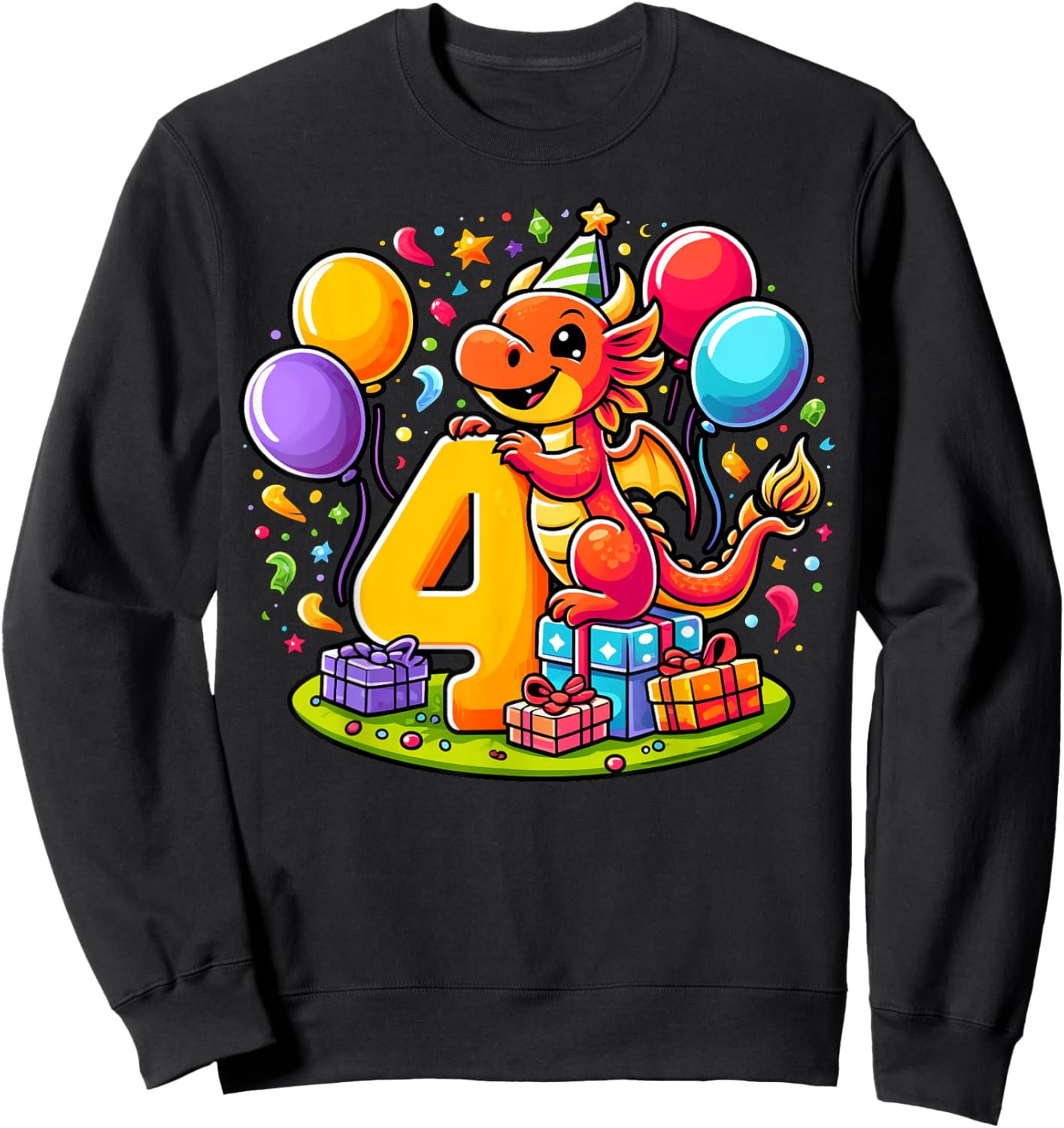 Kids Dragon Theme fourth Bday Party 4th Dragon Birthday Sweatshirt - Sweatshirt | Black