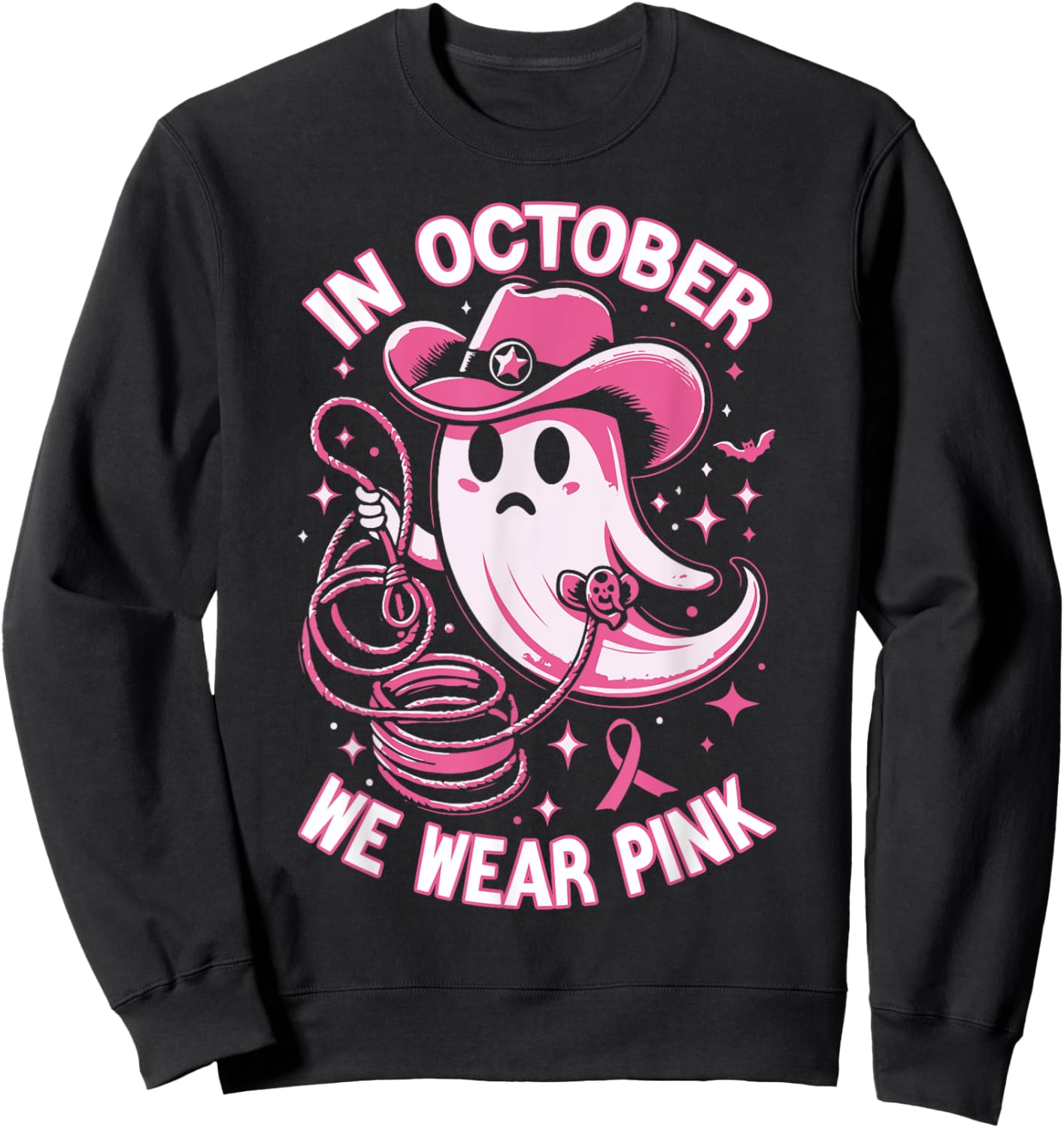 In October We Wear Pink Cowboy Ghost Halloween Breast Cancer Sweatshirt - Sweatshirt | Black