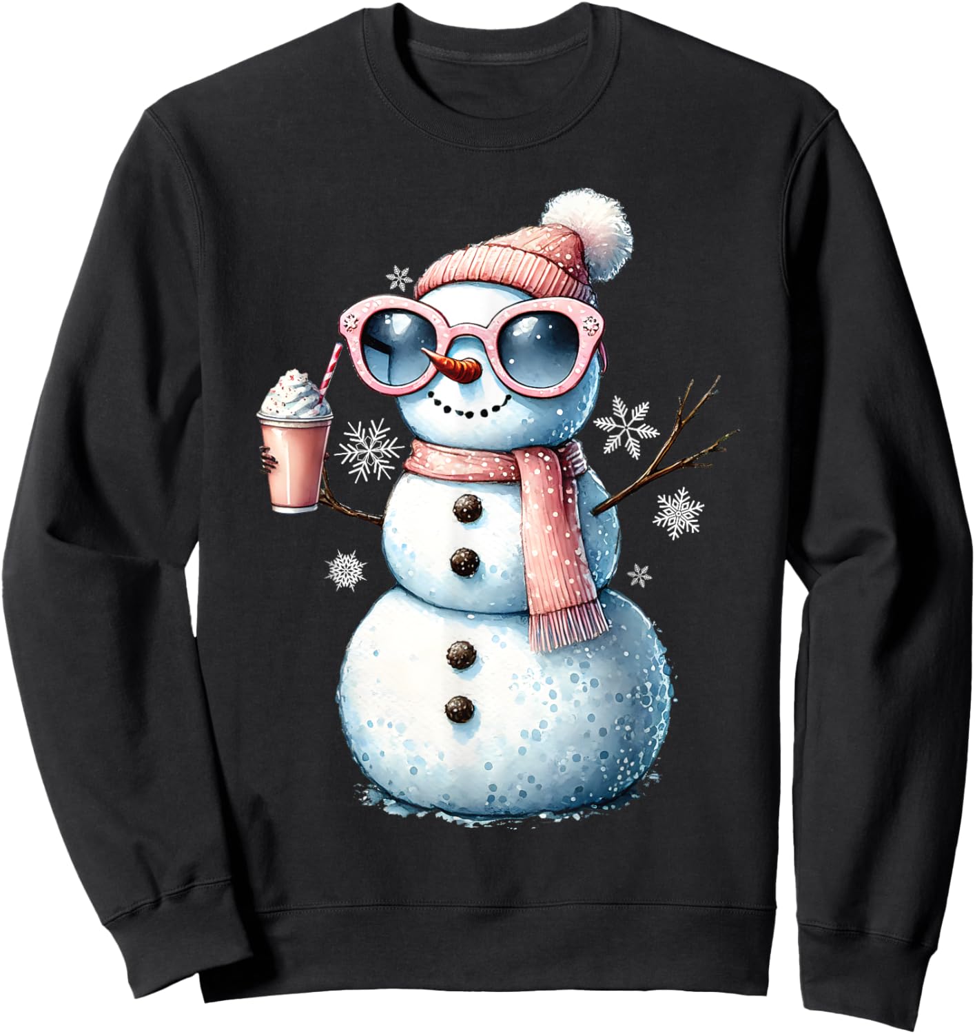 Xmas Snowman Drinking Hot Chocolate Bougie Women Christmas Sweatshirt - Sweatshirt | Black