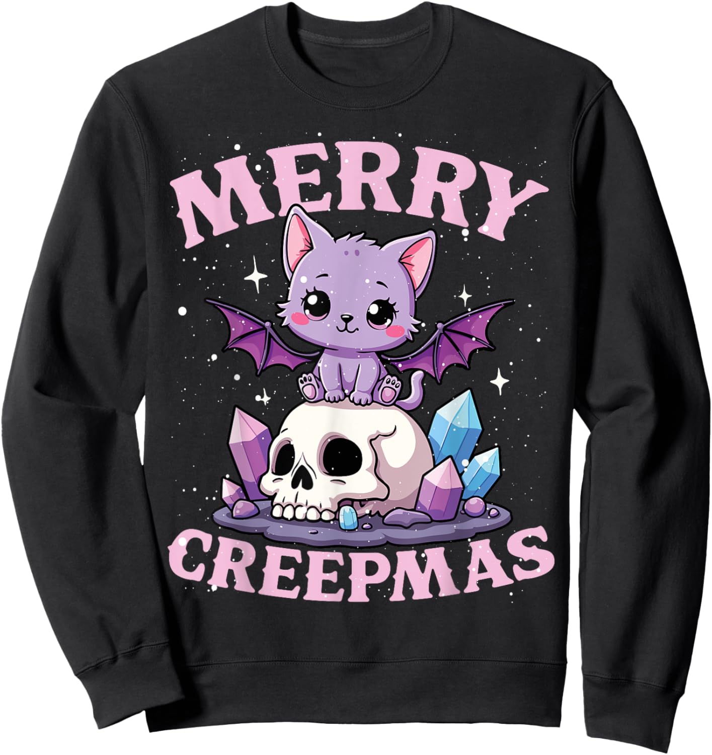 Merry Creepmas Cat Pastel Goth Christmas Skull Women Kids Sweatshirt - Sweatshirt | Black