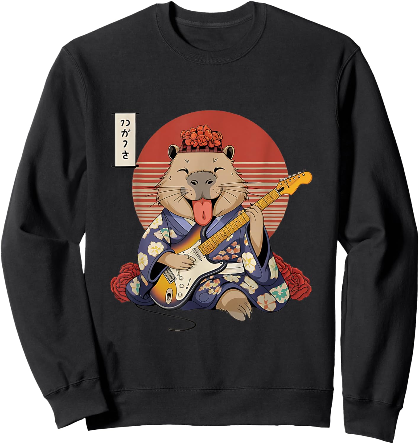 Japanese Samurai Capybara Guitar Kawaii Kimono Manga Sweatshirt - Sweatshirt | Black