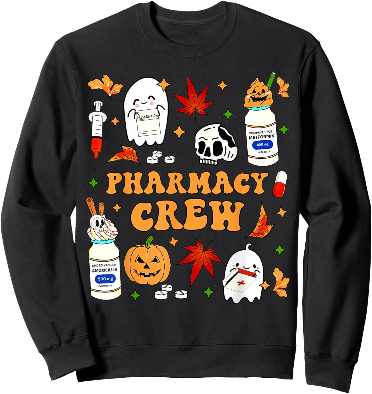 Pharmacy Crew Ghost Pumpkin Fall Pharmacist Tech Halloween Sweatshirt - Sweatshirt | Black
