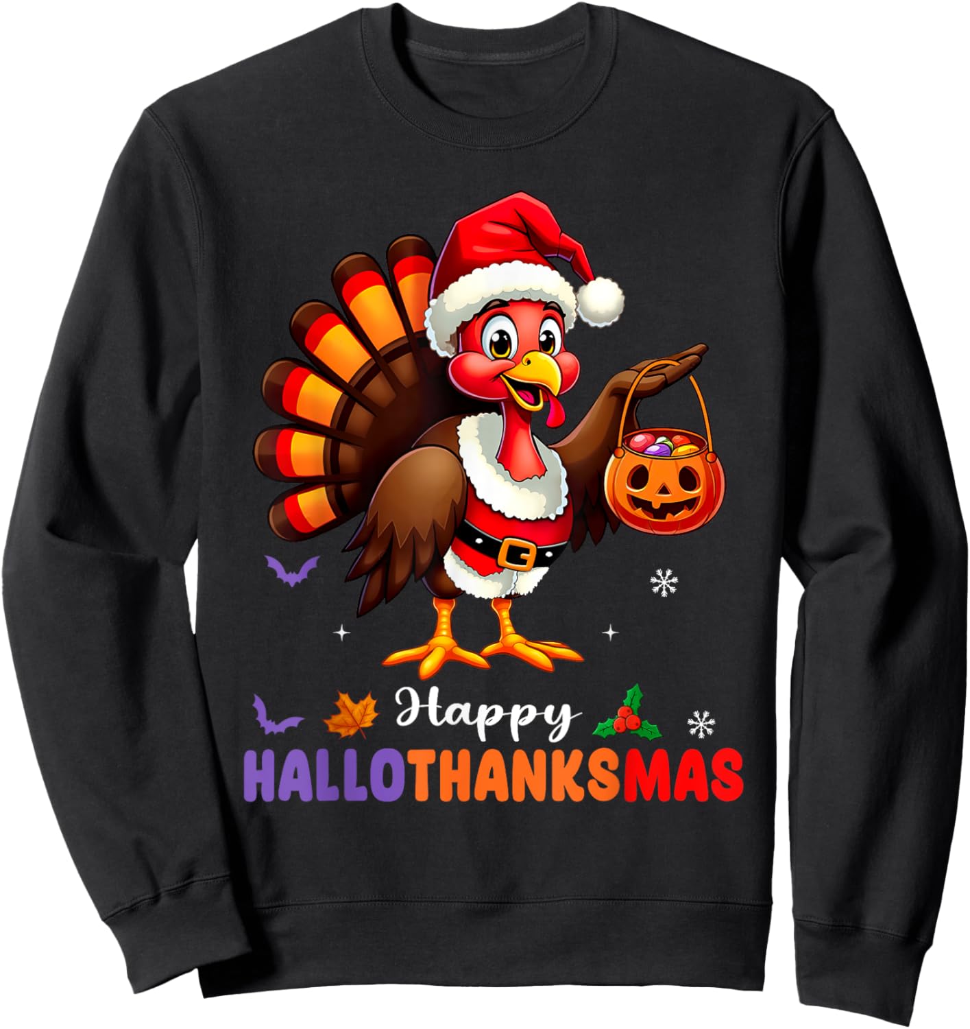 Happy Hallothanksmas Shirt Halloween Thanksgiving Christmas Sweatshirt - Sweatshirt | Black