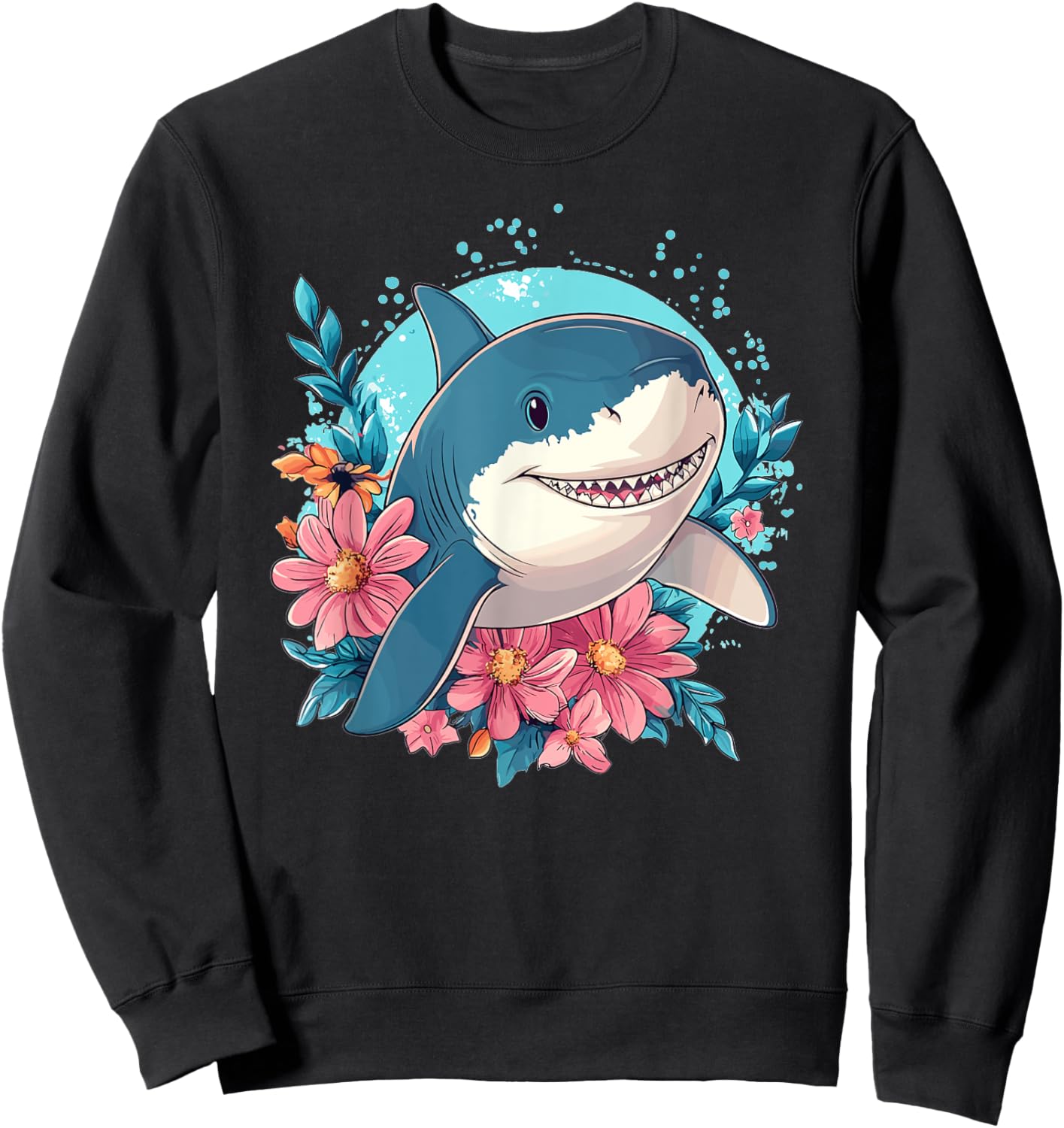 Cute Shark With Flowers I Shark Sweatshirt - Sweatshirt | Black
