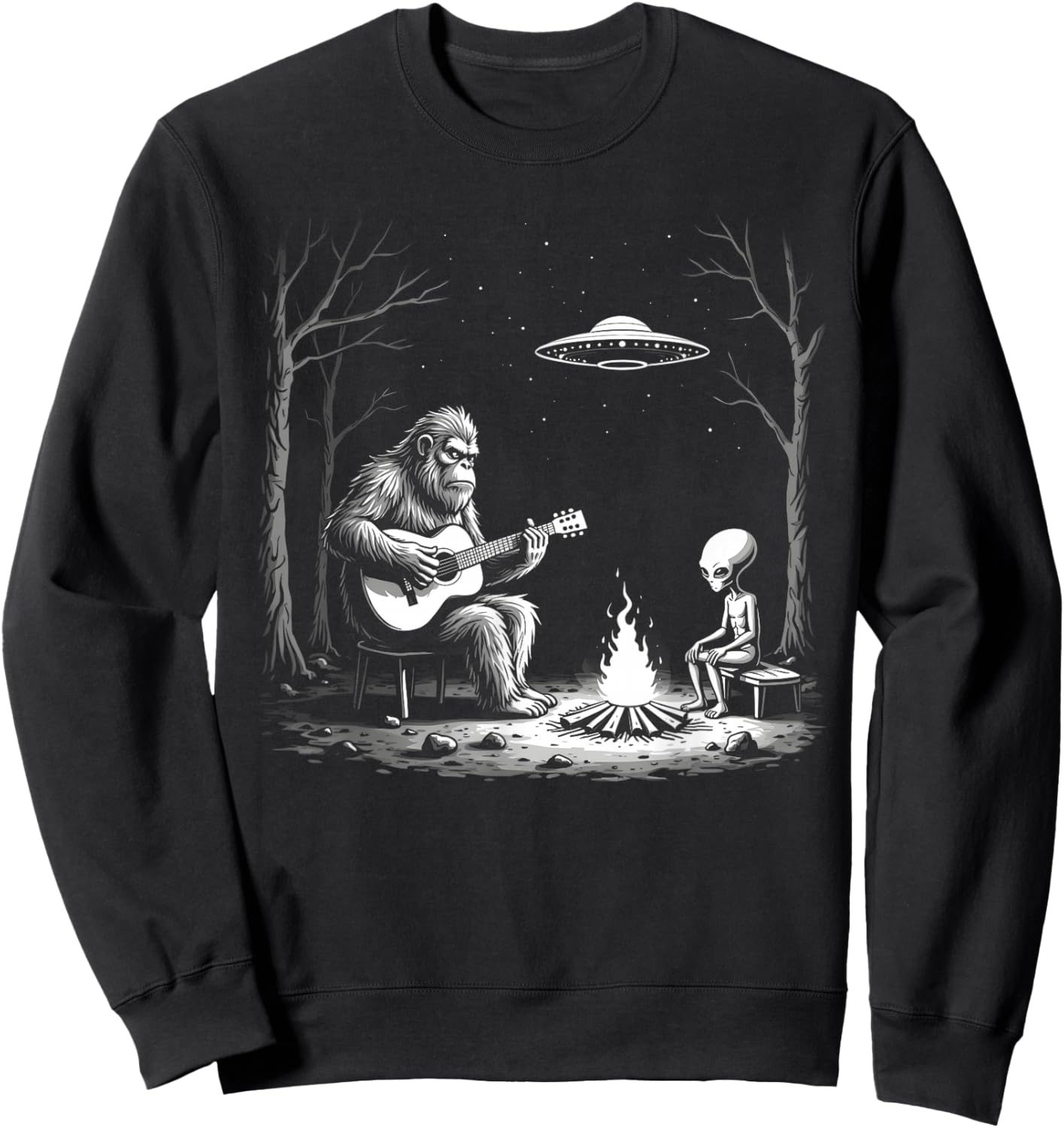 Bigfoot Guitar Campfire Alien Ufo Camping Sasquatch Sweatshirt - Sweatshirt | Black