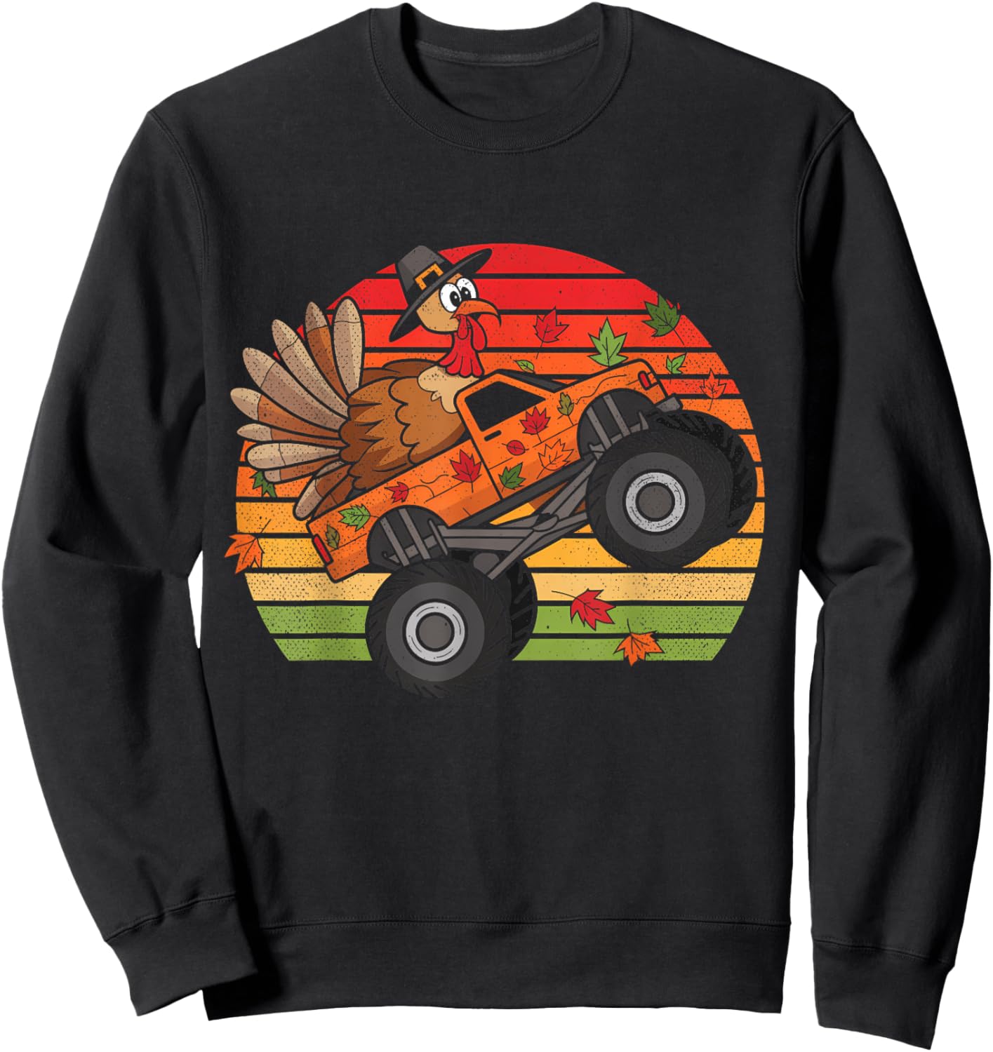 Kids Monster Truck Turkey Sunset Retro Thanksgiving Boy Kid Sweatshirt - Sweatshirt | Black