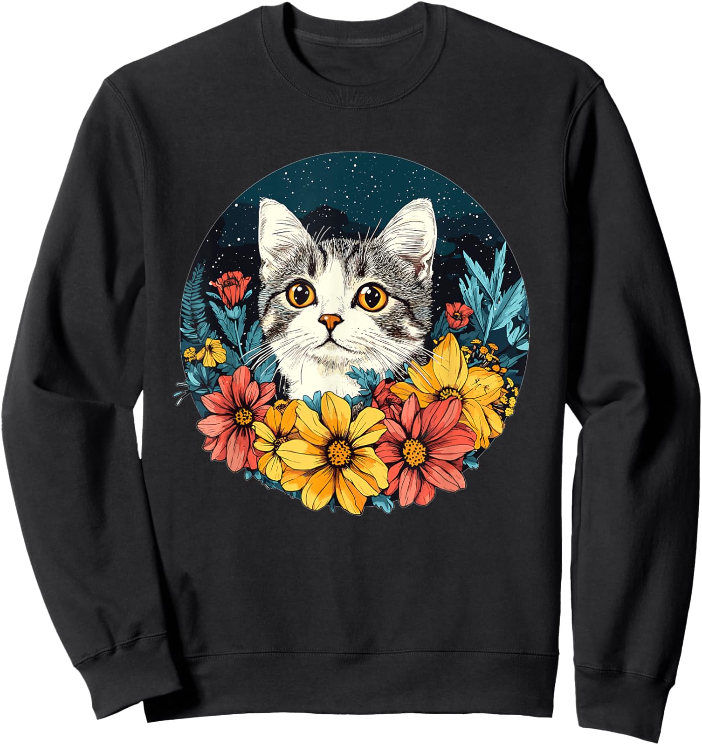 Cute Cat With Flowers Vintage Floral Art Sweatshirt - Sweatshirt | Black