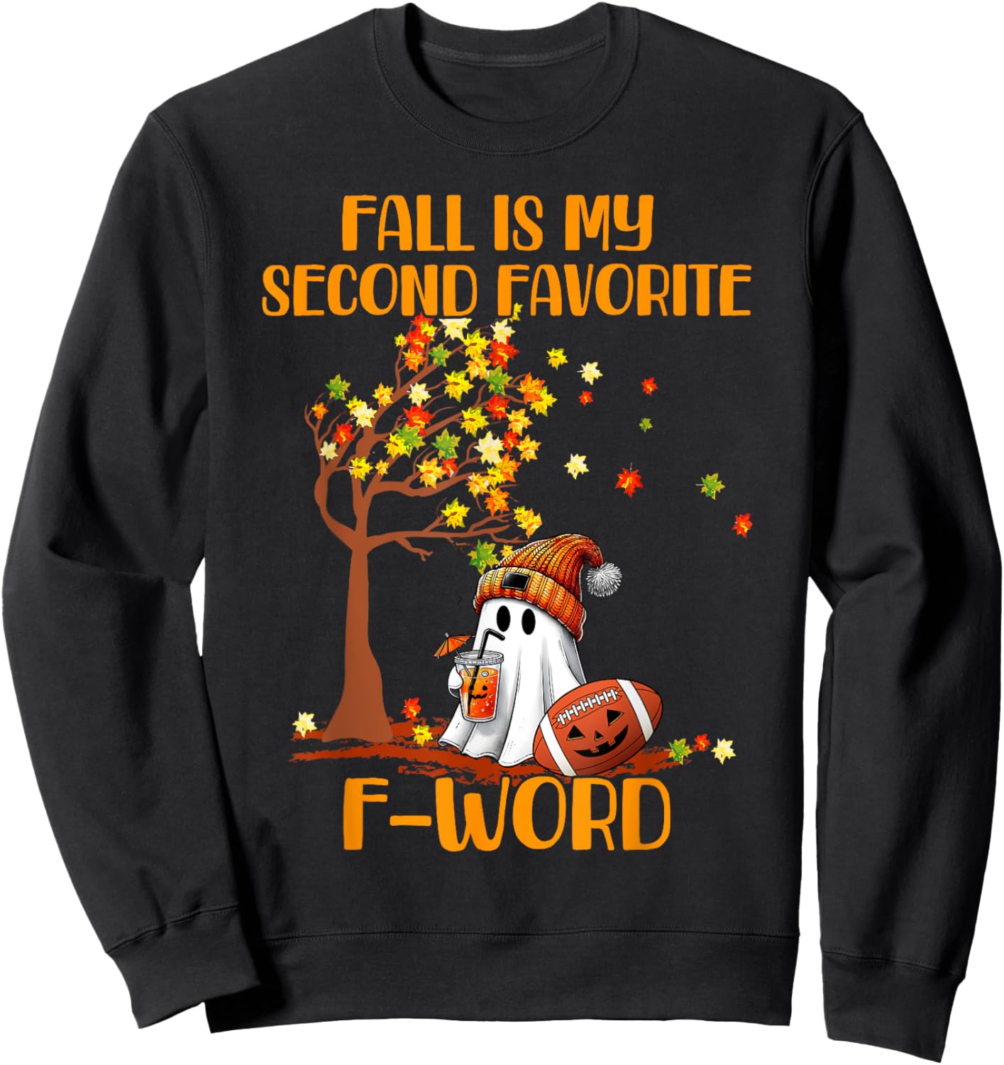 Fall is my second favorite F word cute ghost football Autumn Sweatshirt - Sweatshirt | Black
