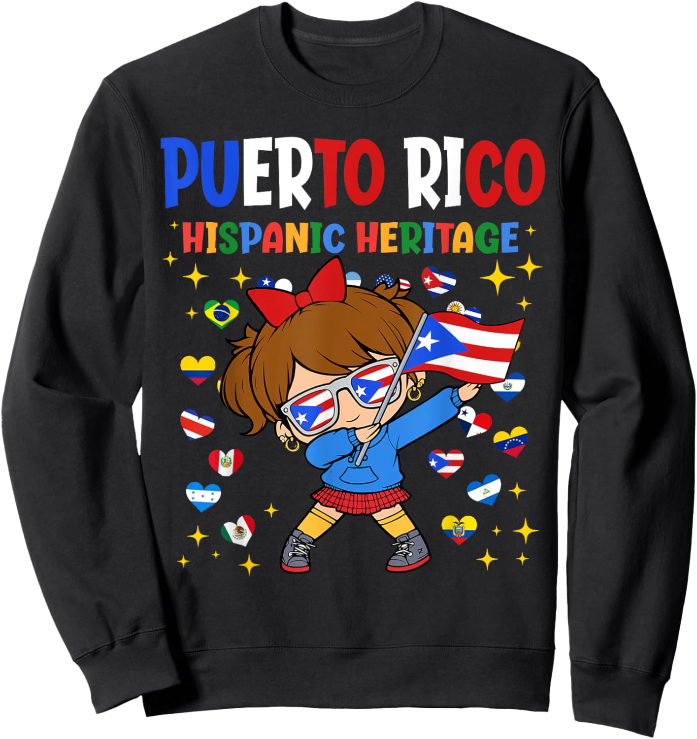 Hispanic Heritage Month Puerto Rico Flag Girl Kids Sweatshirt - Sweatshirt | Black