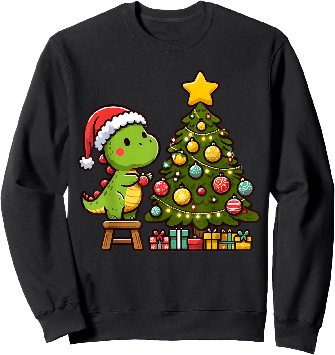 Cute T Rex Dinosaur Decorating Christmas Tree Xmas Holiday Sweatshirt - Sweatshirt | Black