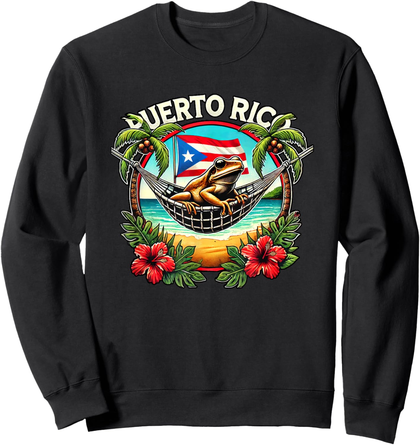Puerto Rico Vacation Coqui Hammock Palm Trees Flowers Beach Sweatshirt - Sweatshirt | Black