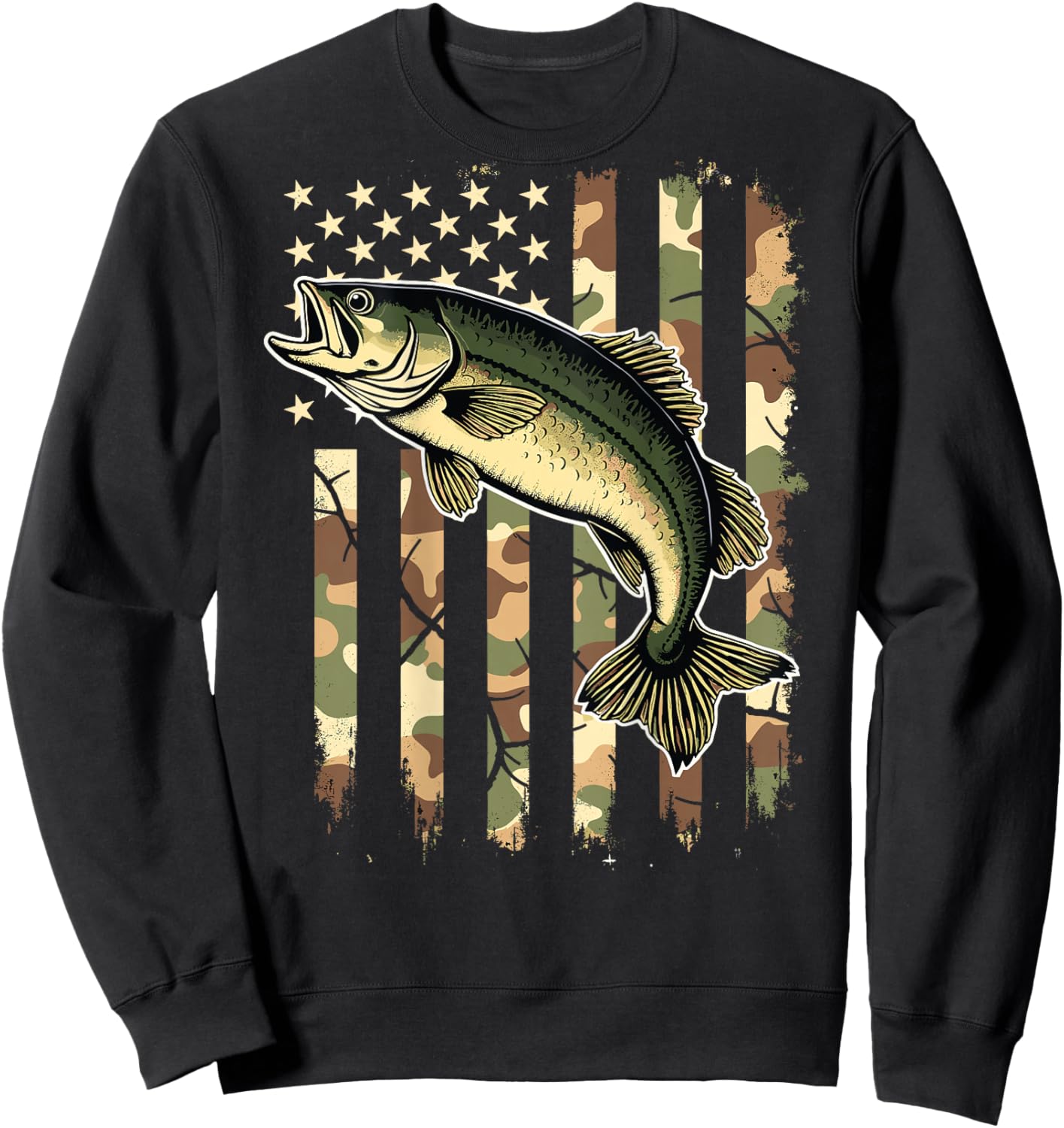 Fishing (on Back) Camouflage USA American Flag Fisherman Sweatshirt - Sweatshirt | Black