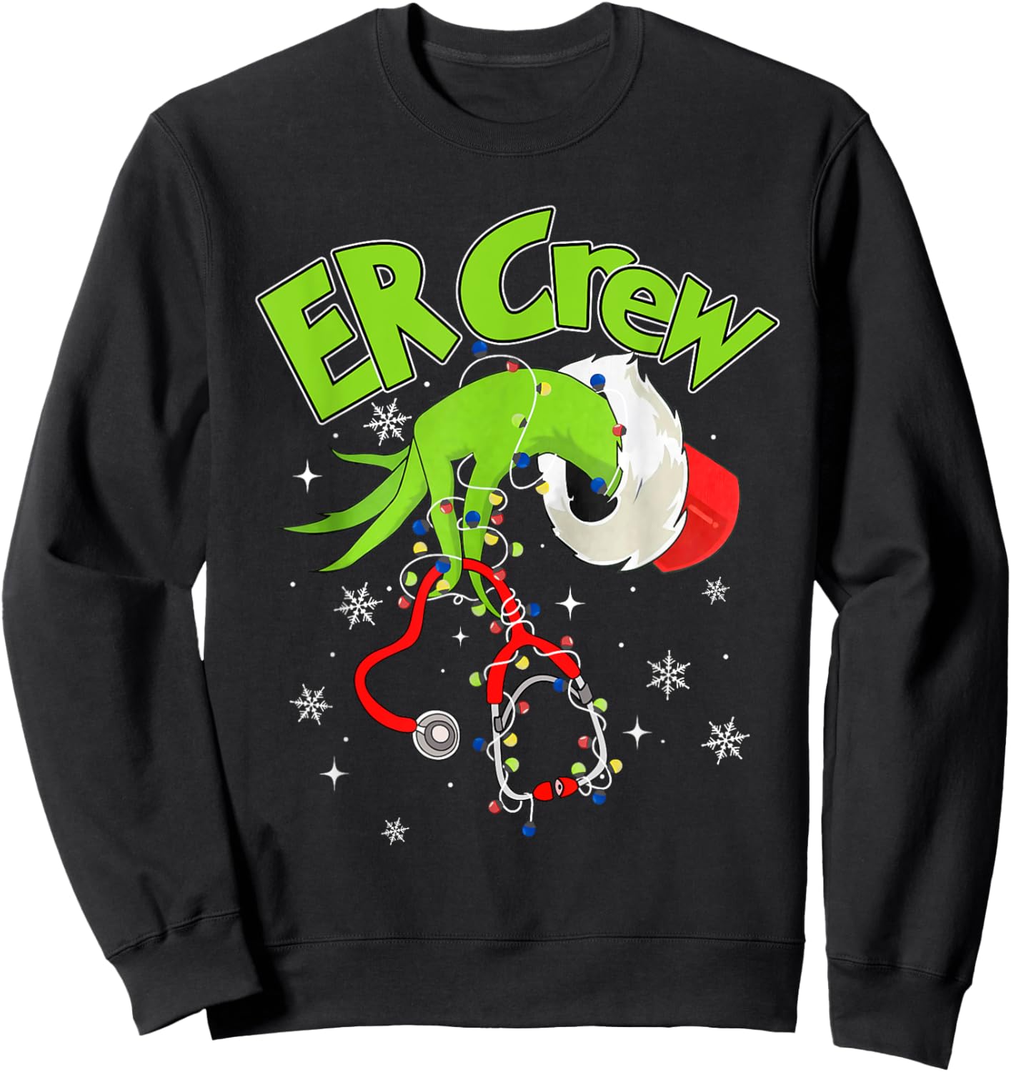 Nurse Christmas Stethoscope ER Crew Xmas Lights Pajamas Sweatshirt - Sweatshirt | Black