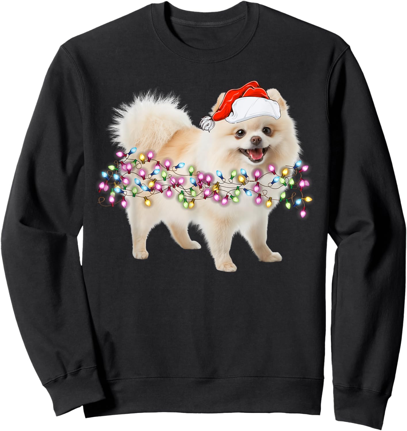 Cute Pomeranian Santa Christmas Tree Lights -Families, Kids, and Cartoon Lovers Black Small Classic Fit Short Sleeve Sweatshirt - Sweatshirt | Black