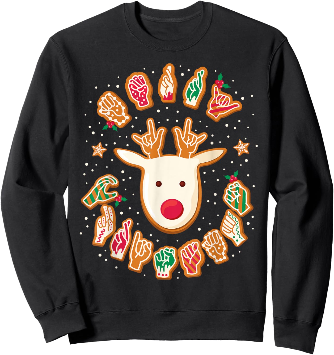 Gingerbread ASL Deaf Signing ASL Christmas - -Adults, -Kids - Black - Small - Short Sleeve - Modern Festive Casual - Reindeer, Gingerbread Hands - Christmas Sweatshirt - Sweatshirt | Black