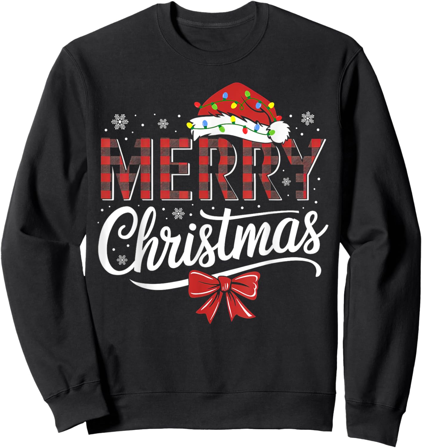 Merry Christmas Buffalo Plaid Red Santa Hat Xmas Pajamas Sweatshirt - Sweatshirt | Black