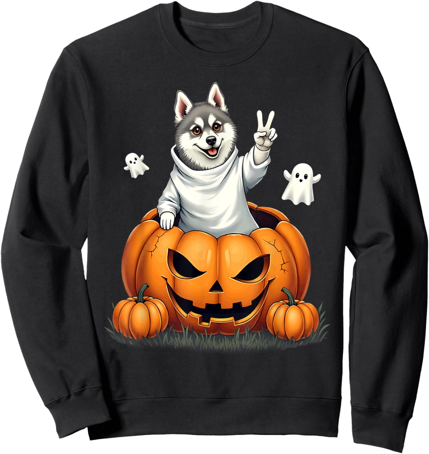 Pumpkin Boo Ghost Alaskan Klee Kai Dog Halloween Costume Sweatshirt - Sweatshirt | Black