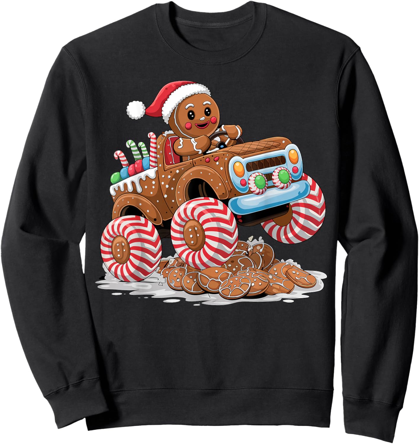 Monster Truck Gingerbread Man Funny Christmas Baking Sweatshirt - Sweatshirt | Black