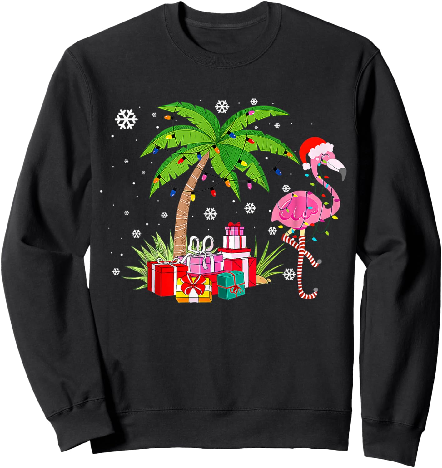 Pink Flamingo Christmas Palm Tree Tropical Xmas Funny Sweatshirt - Sweatshirt | Black