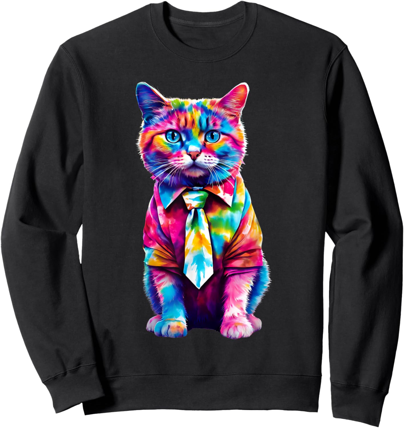 Colorful Rainbow Cat in Tie Dye Cute Funny Cat Lover Women Girls Kids Sweatshirt - Sweatshirt | Black