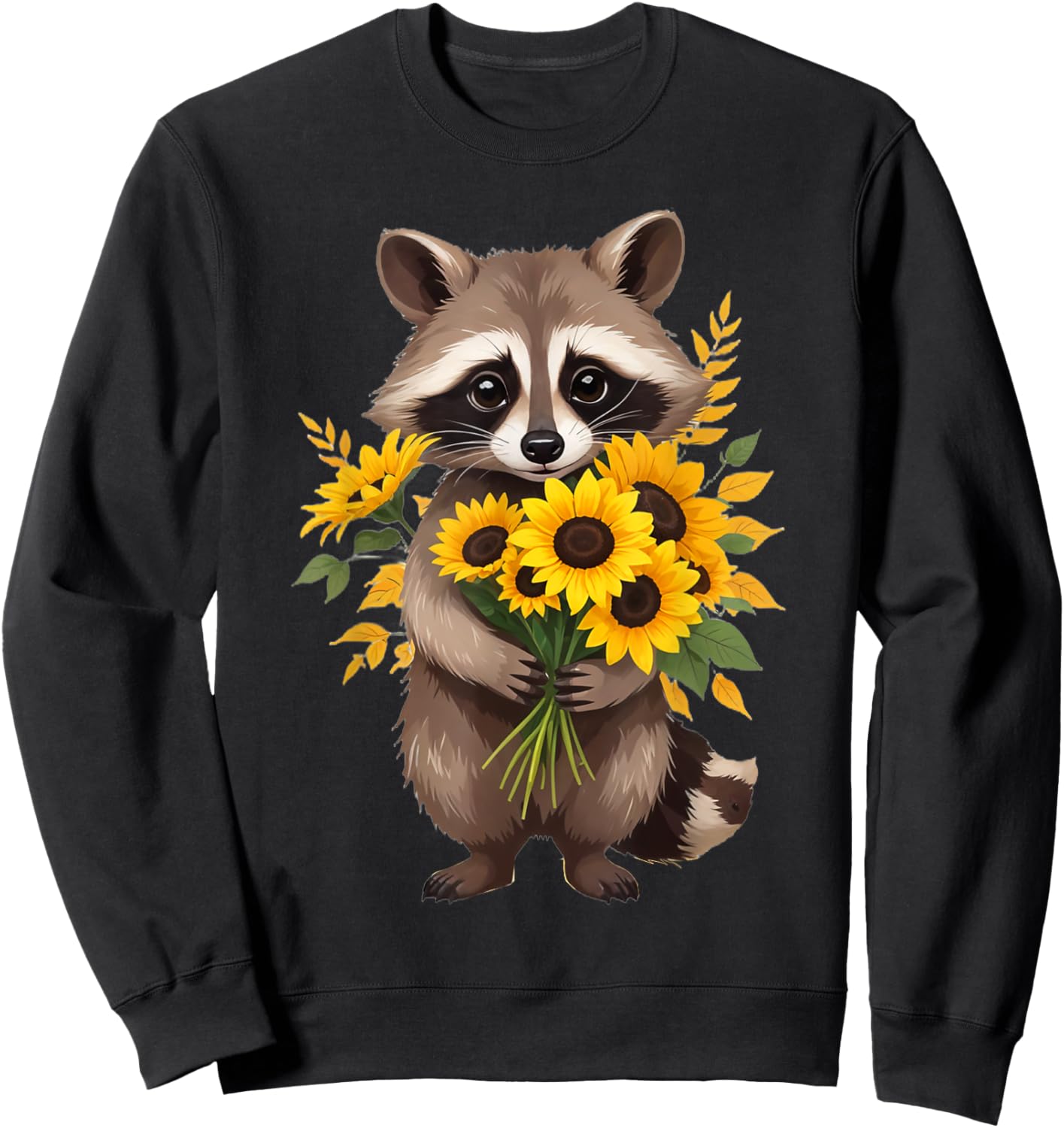 Raccoon Holding Sunflower Cute Flower Mothers Day Sweatshirt - Sweatshirt | Black