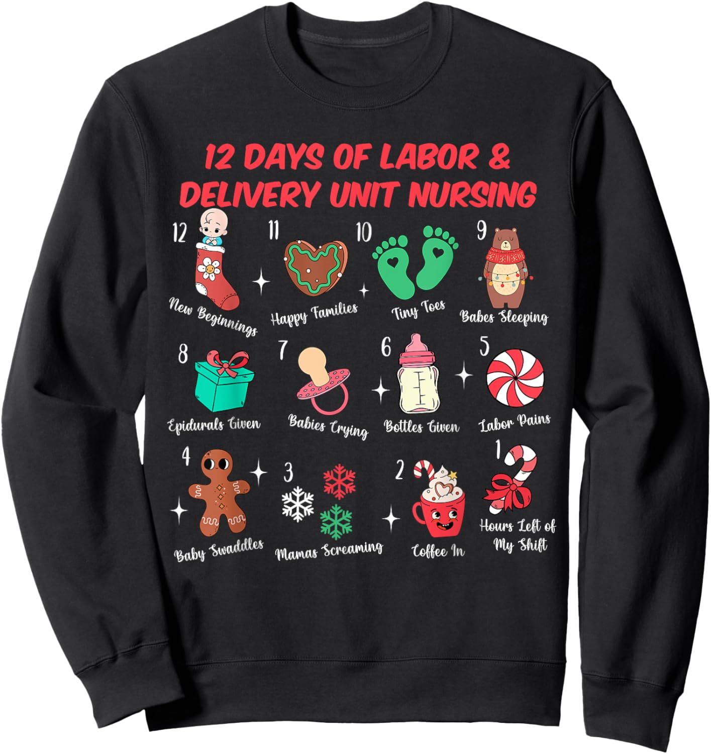 12 Days Of Labor and Delivery Unit Nursing L&D Christmas Sweatshirt - Sweatshirt | Black