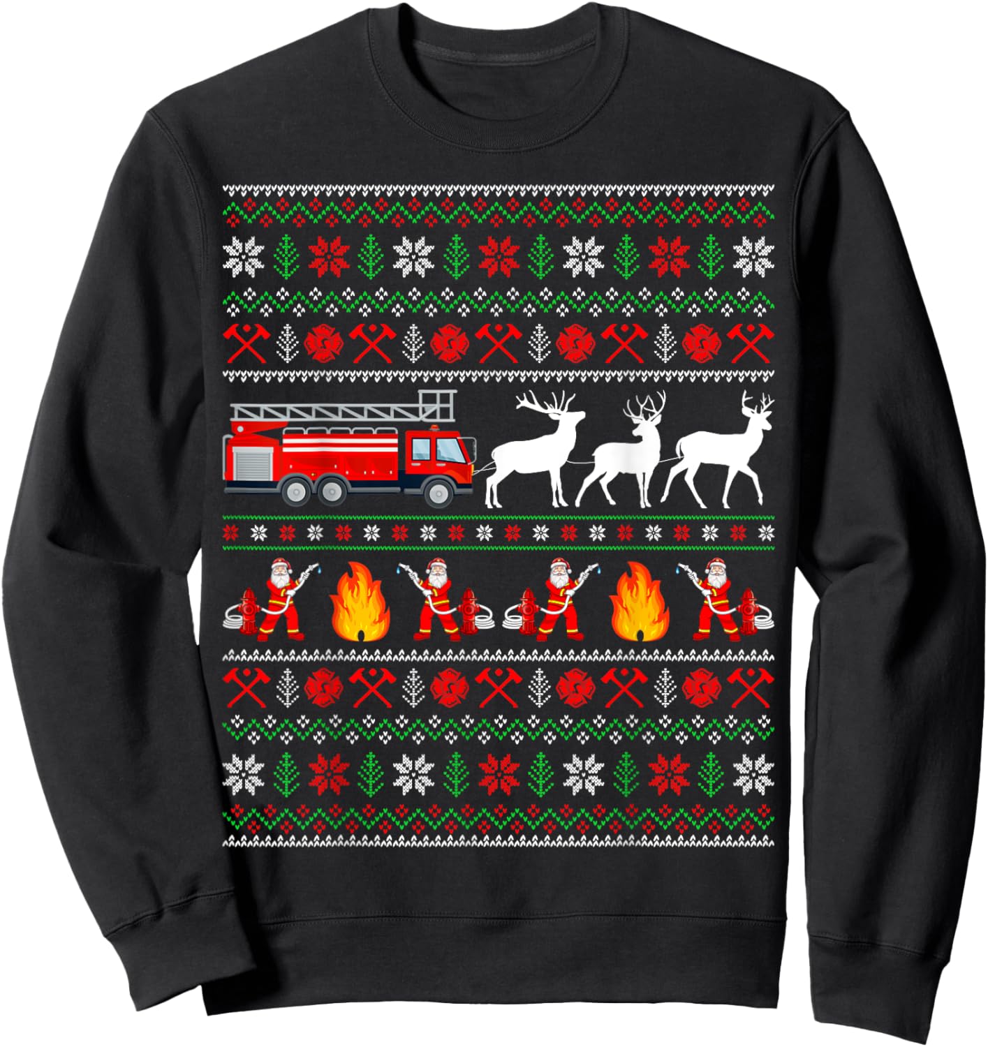 Fire Truck Reindeer Santa Ugly Sweater Firefighter Christmas Sweatshirt - Sweatshirt | Black
