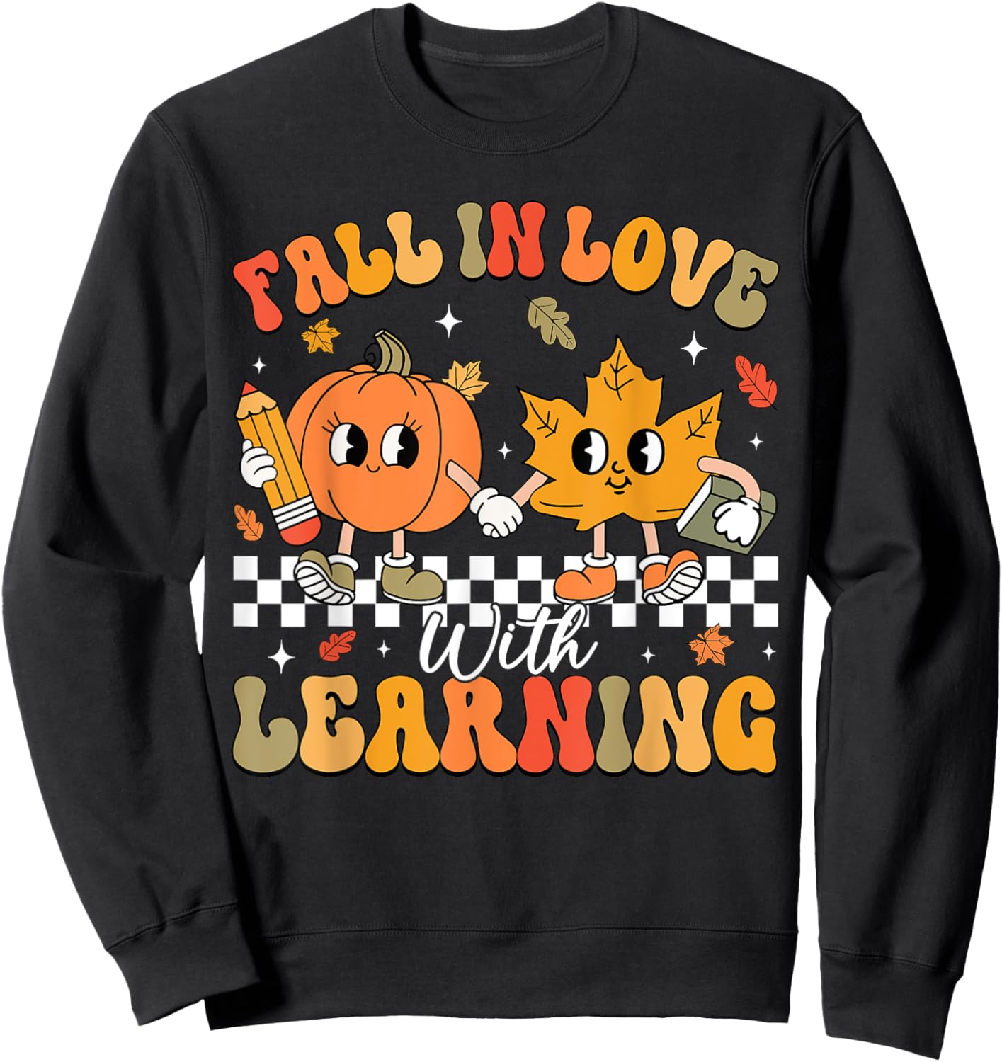 Retro Fall In Love With Learning Autumn Pumpkin Teacher Sweatshirt - Sweatshirt | Black