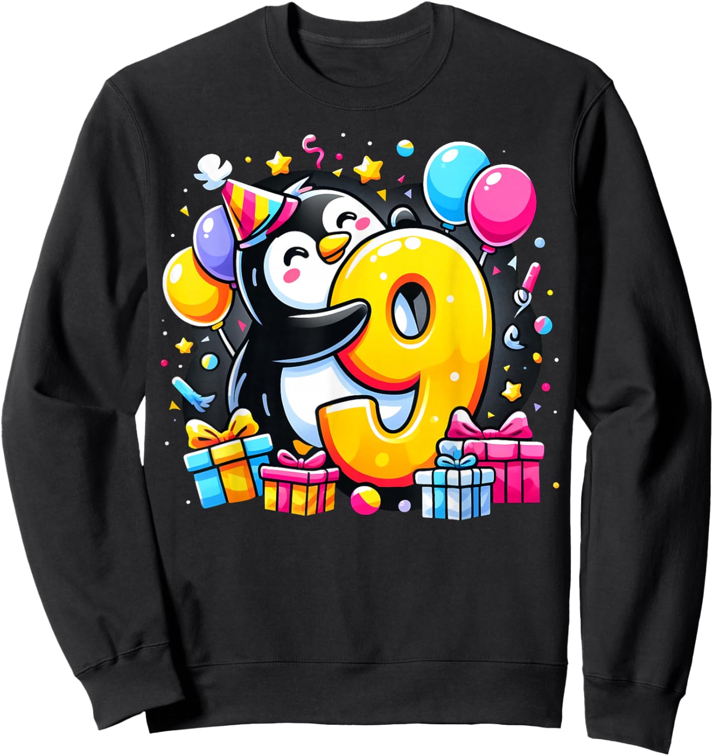 Kids Penguin Theme ninth Bday Party 9th Penguin Birthday Sweatshirt - Sweatshirt | Black