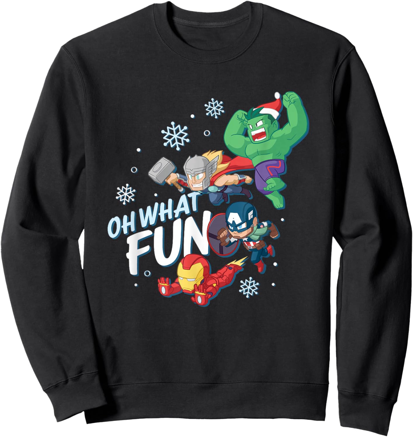 Marvel Christmas Oh What Fun Cute Avengers Big Chest Logo Sweatshirt - Sweatshirt | Black