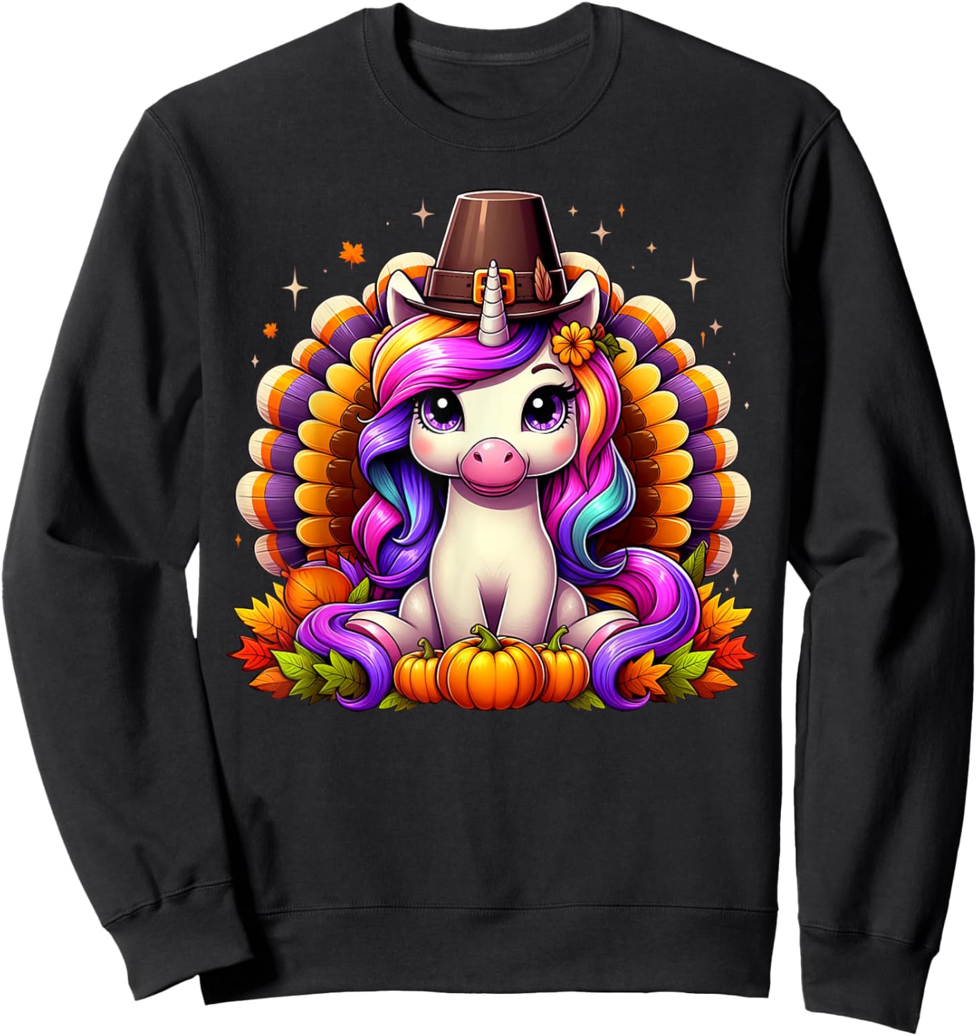Happy Thanksgiving Toddler Turkey Cute Unicorn Girls Kids Sweatshirt - Sweatshirt | Black