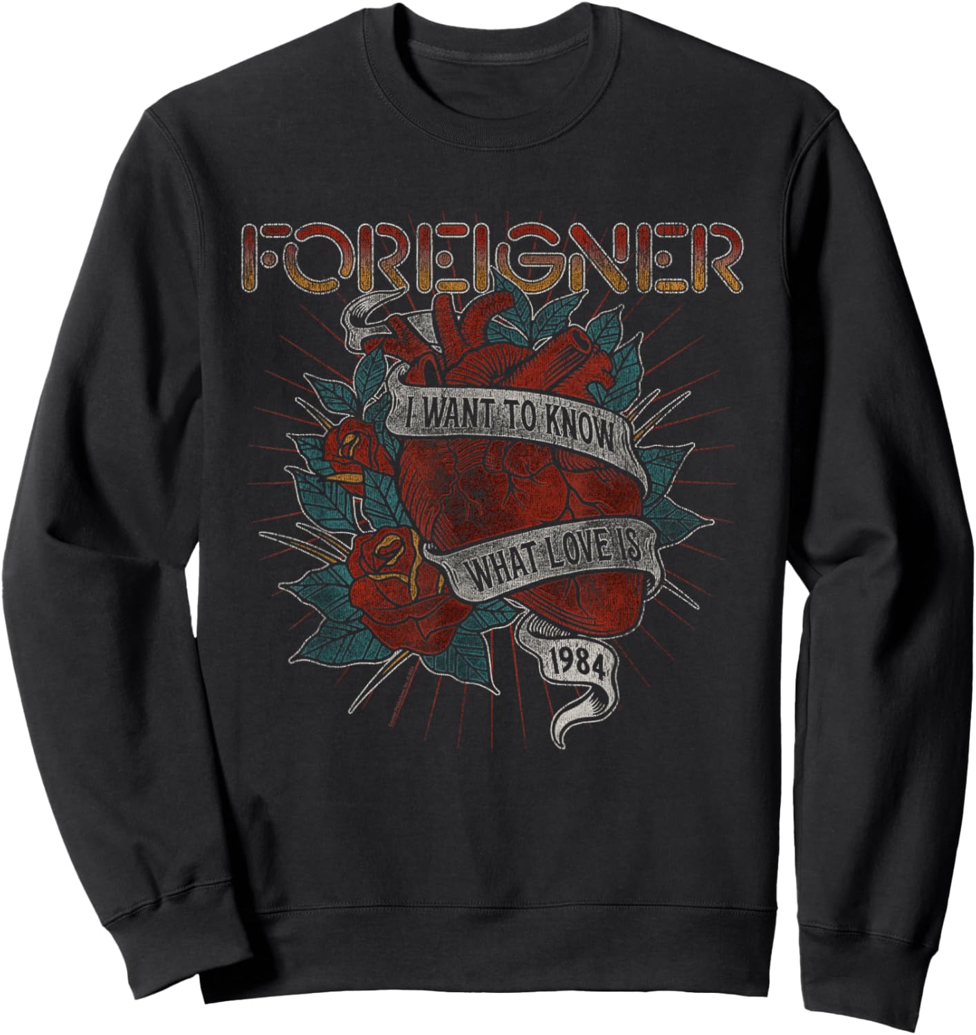 Foreigner Know What Love Is Heart Rose Tattoo Vintage Band Sweatshirt - Sweatshirt | Black