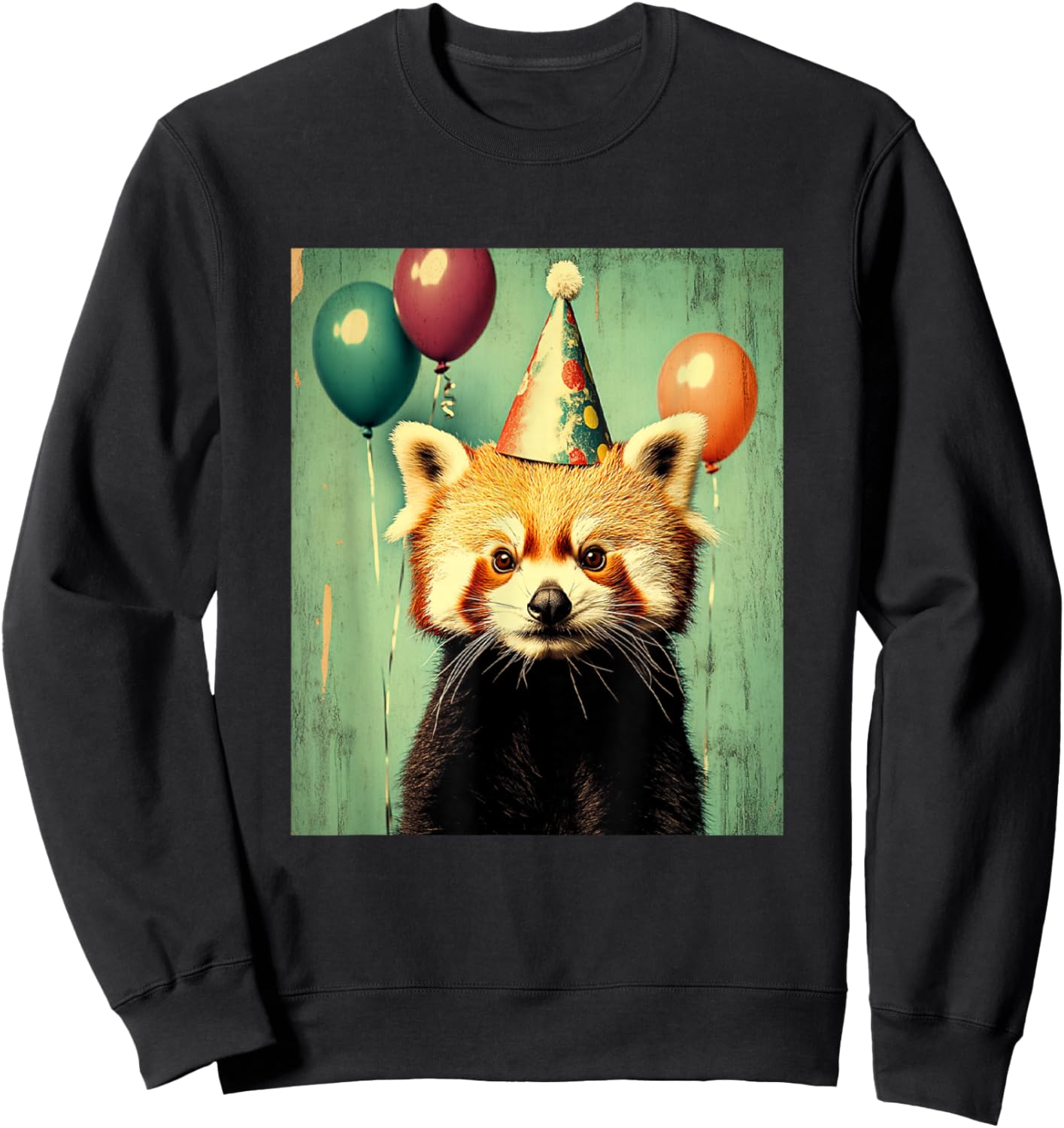 Red Panda Retro Art Print Birthday Party Balloons & Hat Sweatshirt - Sweatshirt | Black
