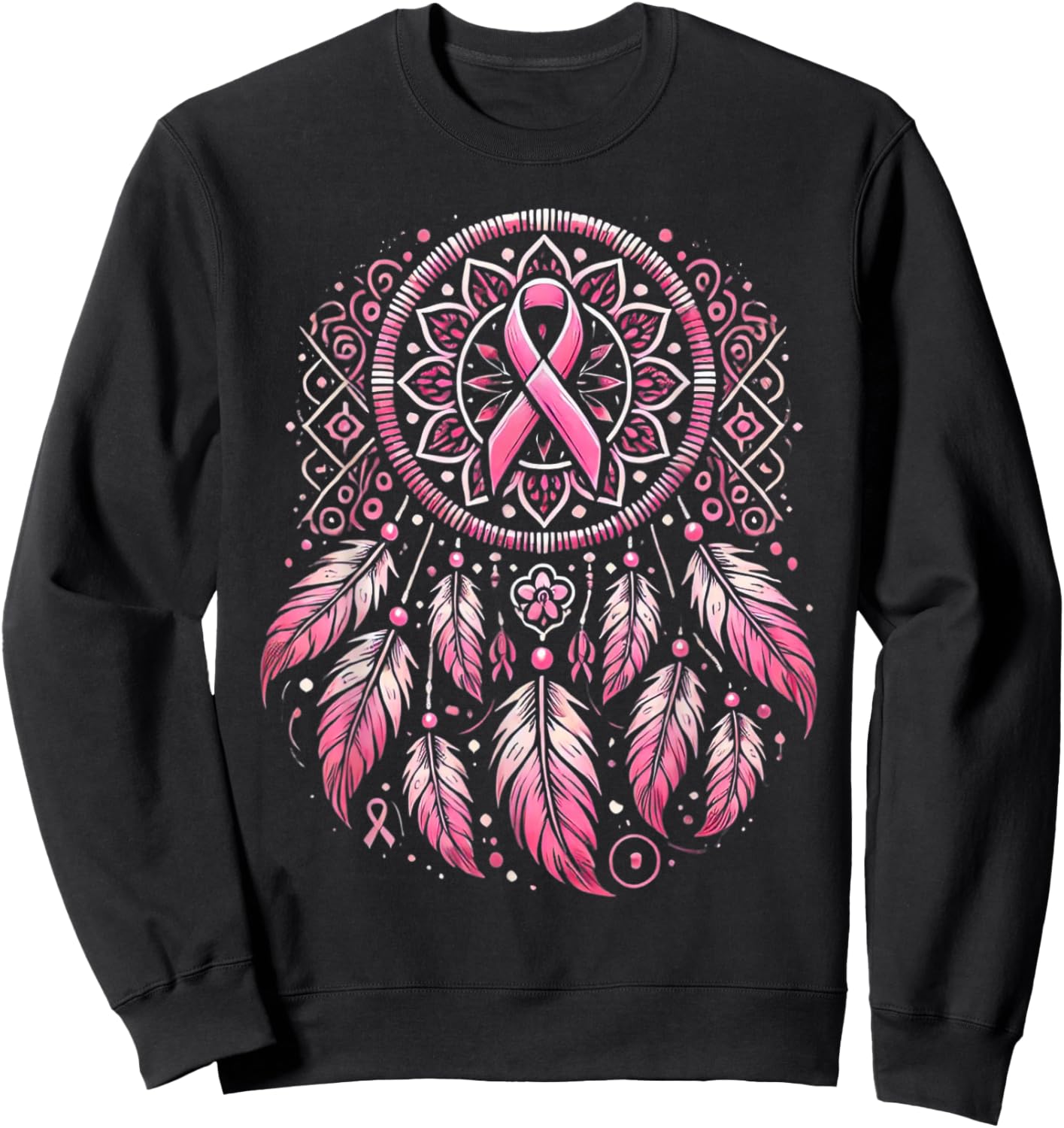 Pink Ribbon Native Indian Dream Catcher Art Breast Cancer Sweatshirt - Sweatshirt | Black