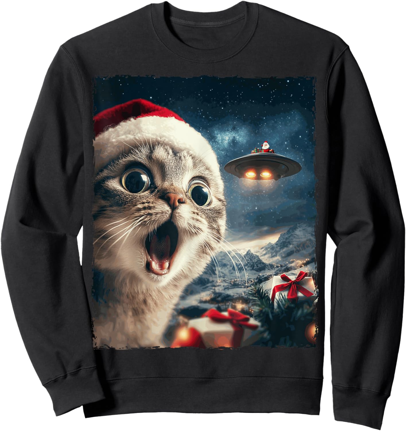 Funny Cat Selfie Santa Ufo Xmas Christmas Men Women Kids Sweatshirt - Sweatshirt | Black
