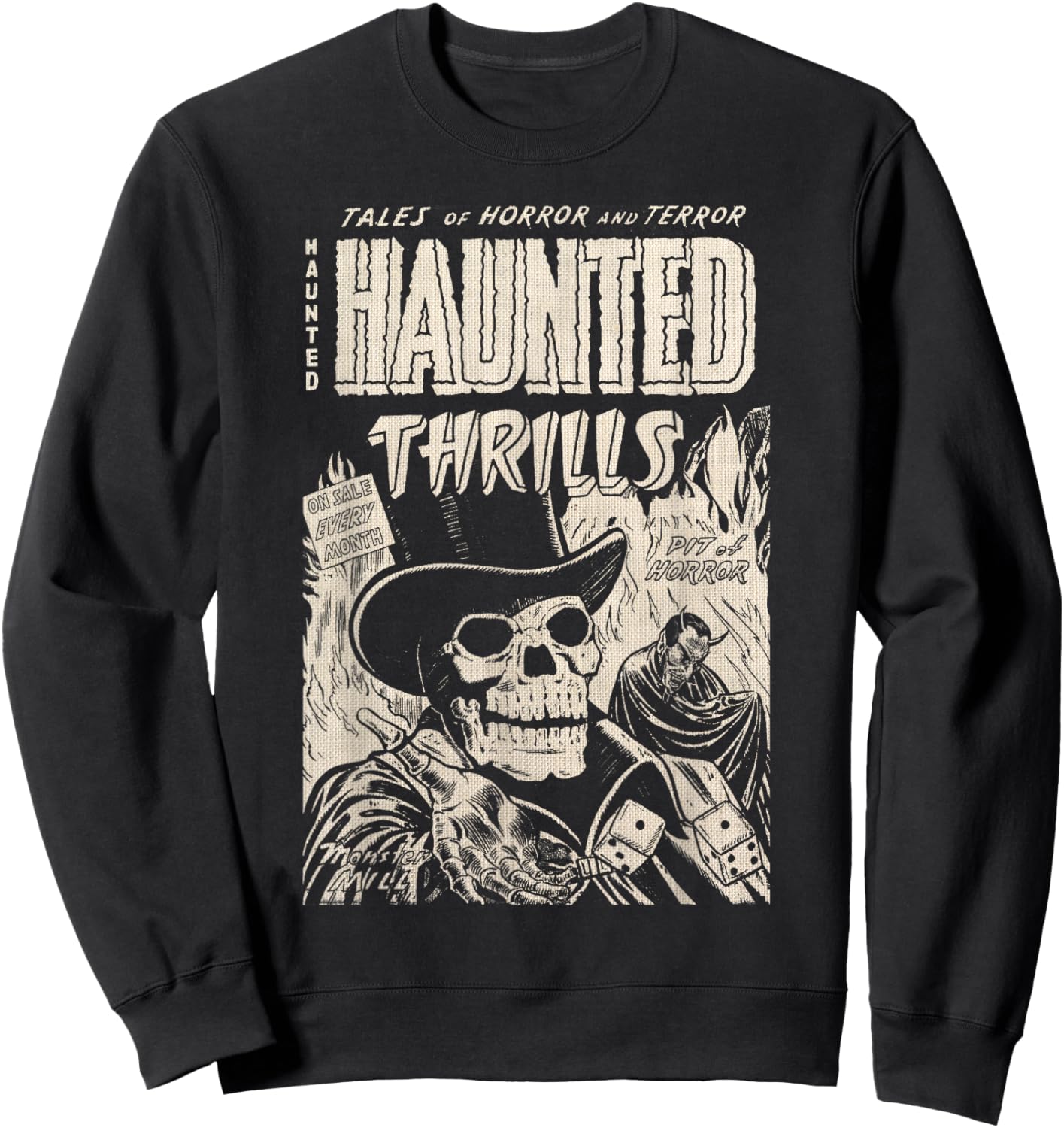 Vintage Master of Horror Skeleton Skull Haunted Thrills Sweatshirt - Sweatshirt | Black