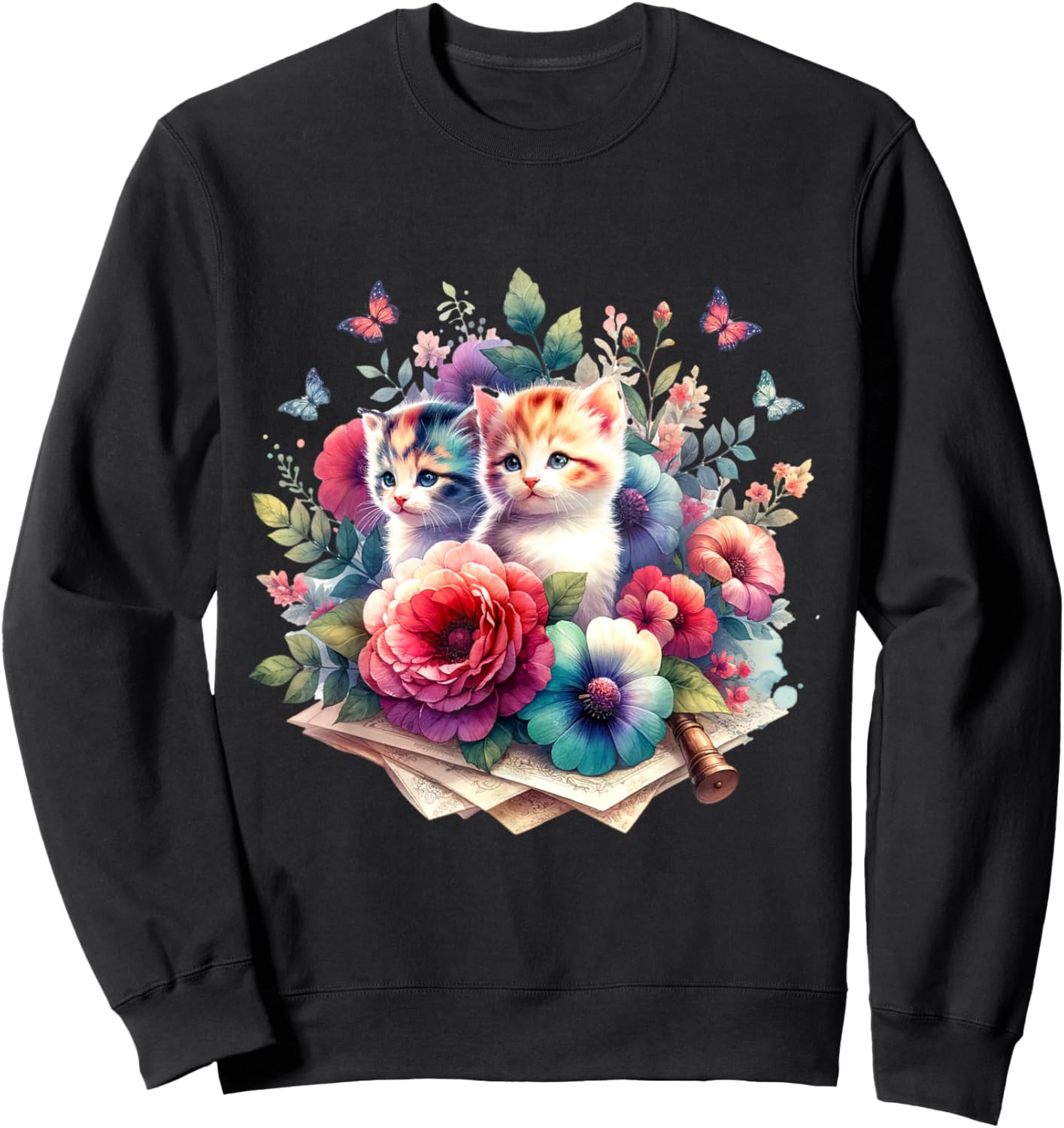 Floral Vintage Aesthetic Painted Kittens and Pressed Flower Sweatshirt - Sweatshirt | Black